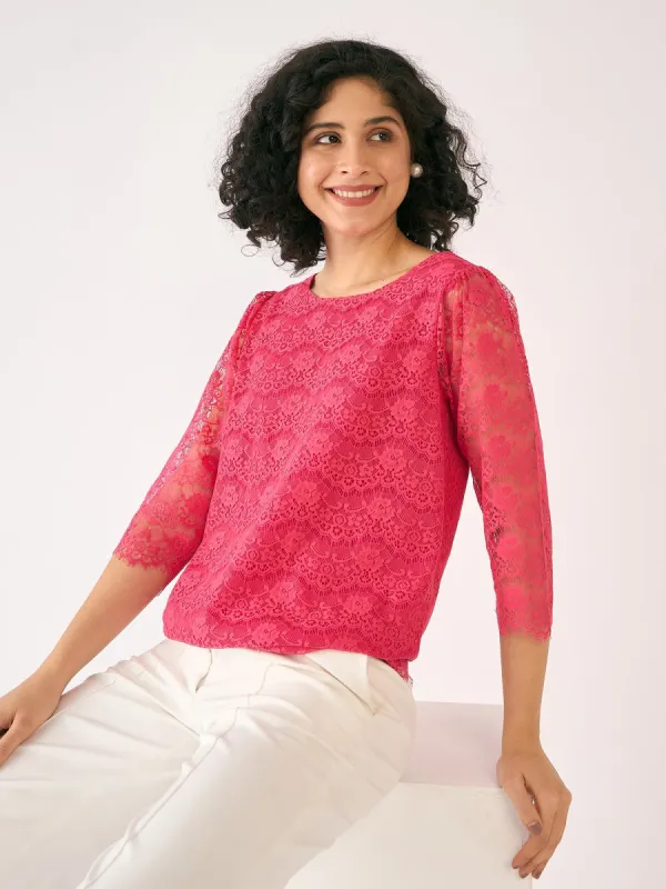 Evelina Boat Neck Lace Top-Coral Pink sold by Salt Attire