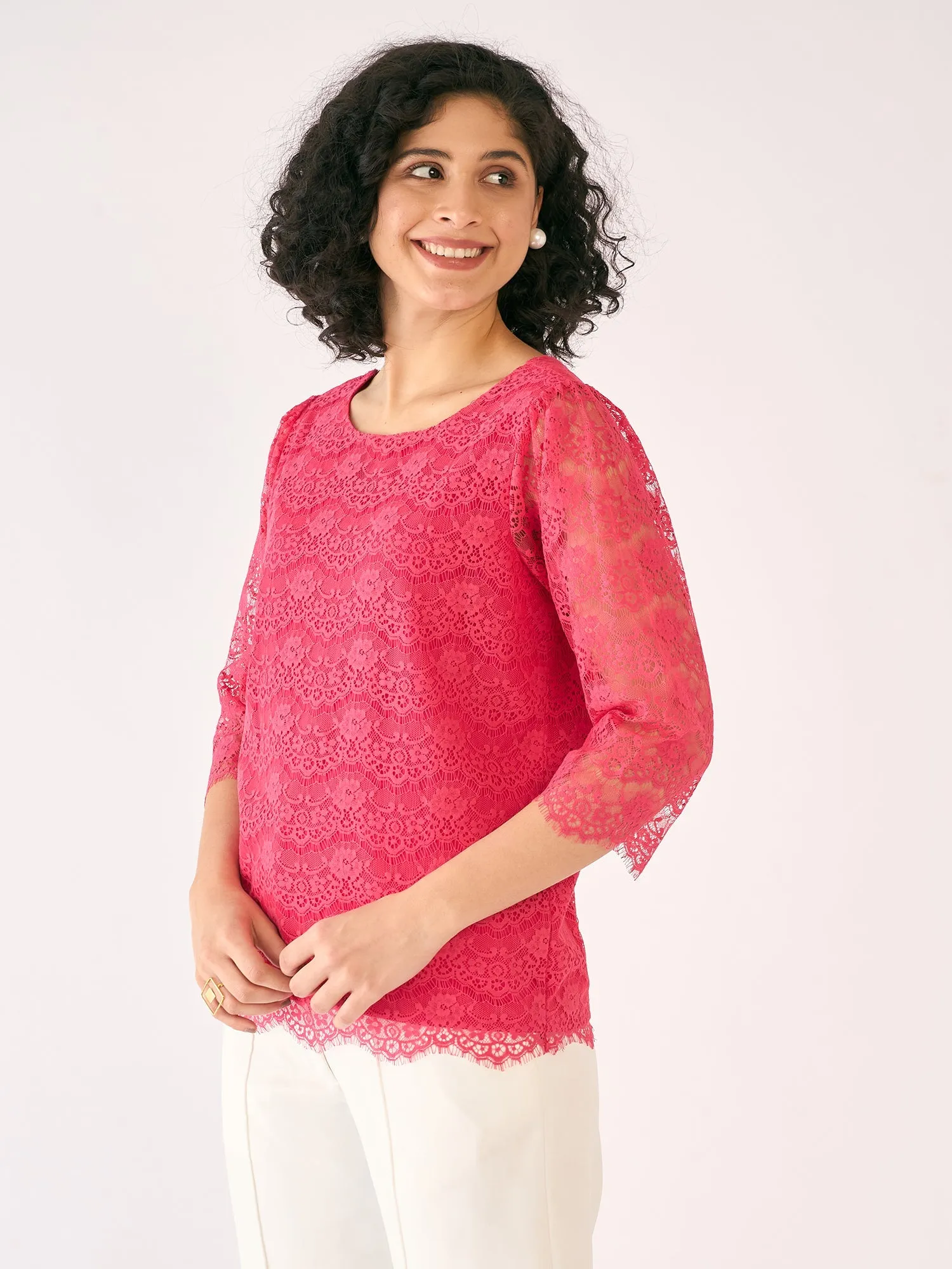 Evelina Boat Neck Lace Top-Coral Pink sold by Salt Attire product image thumbnail 5
