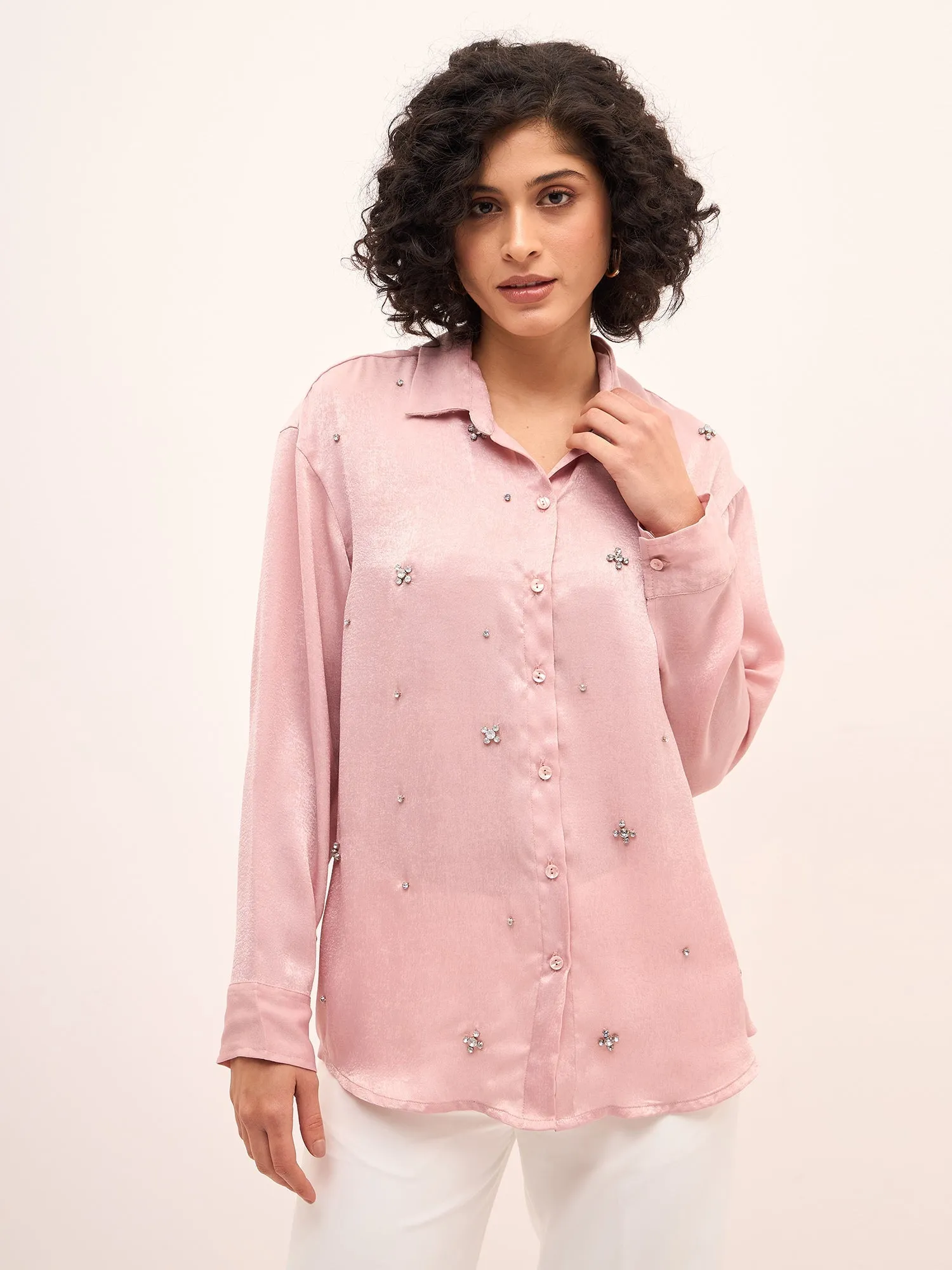 Champagne Night Embellished Button Down Shirt-Blush Pink sold by Salt Attire