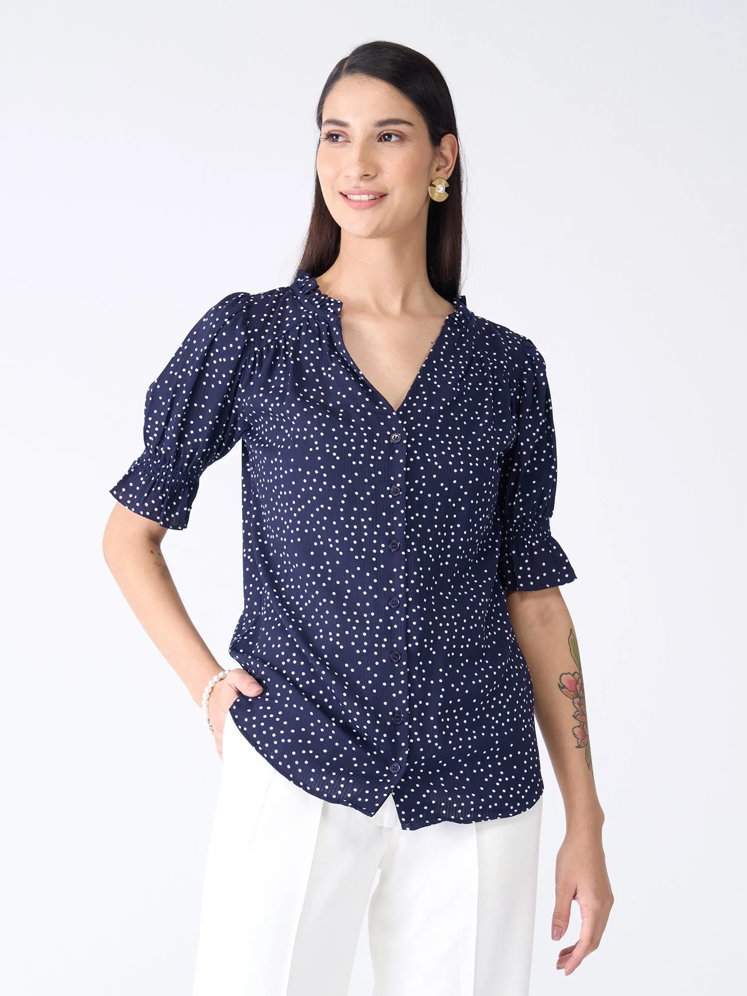 Array Polka Ruffled Neckline Top - Navy Blue sold by Salt Attire