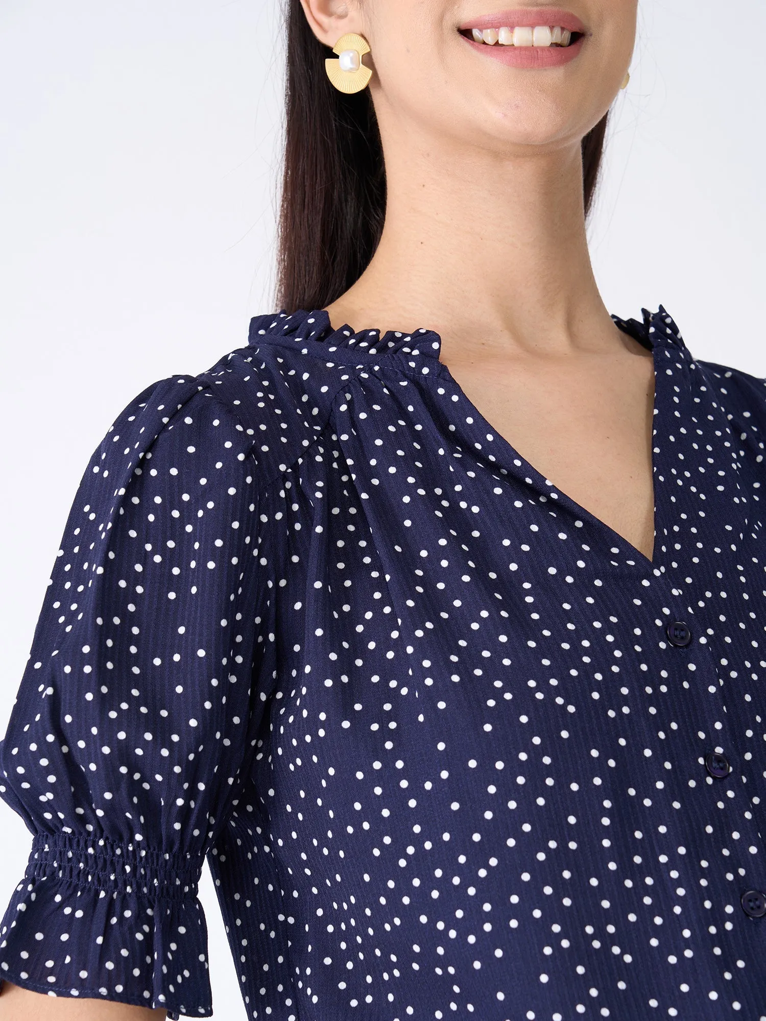 Array Polka Ruffled Neckline Top - Navy Blue sold by Salt Attire product image thumbnail 3