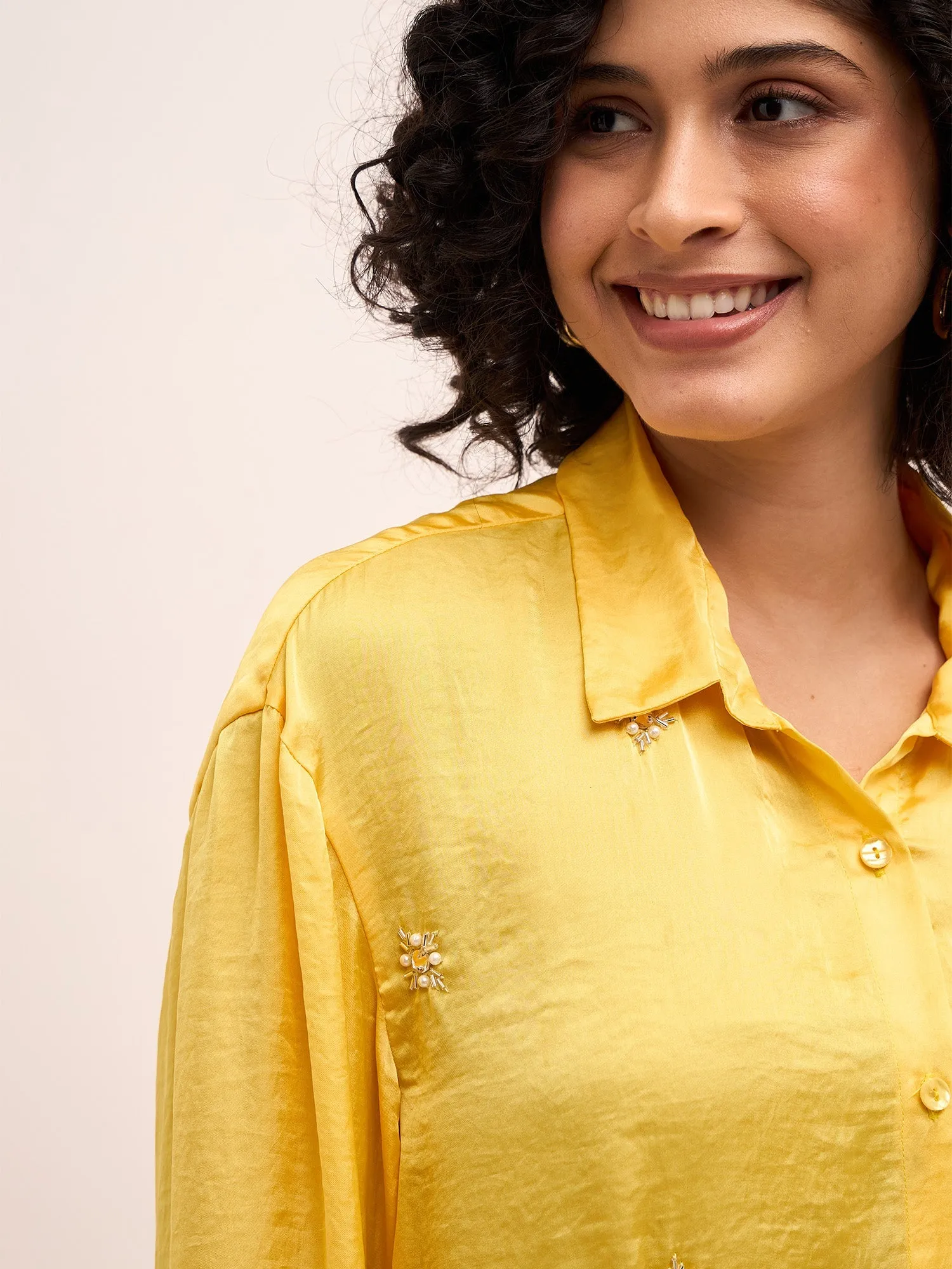 Sunstruck Embellished Button Down Shirt-Yellow sold by Salt Attire product image thumbnail 3
