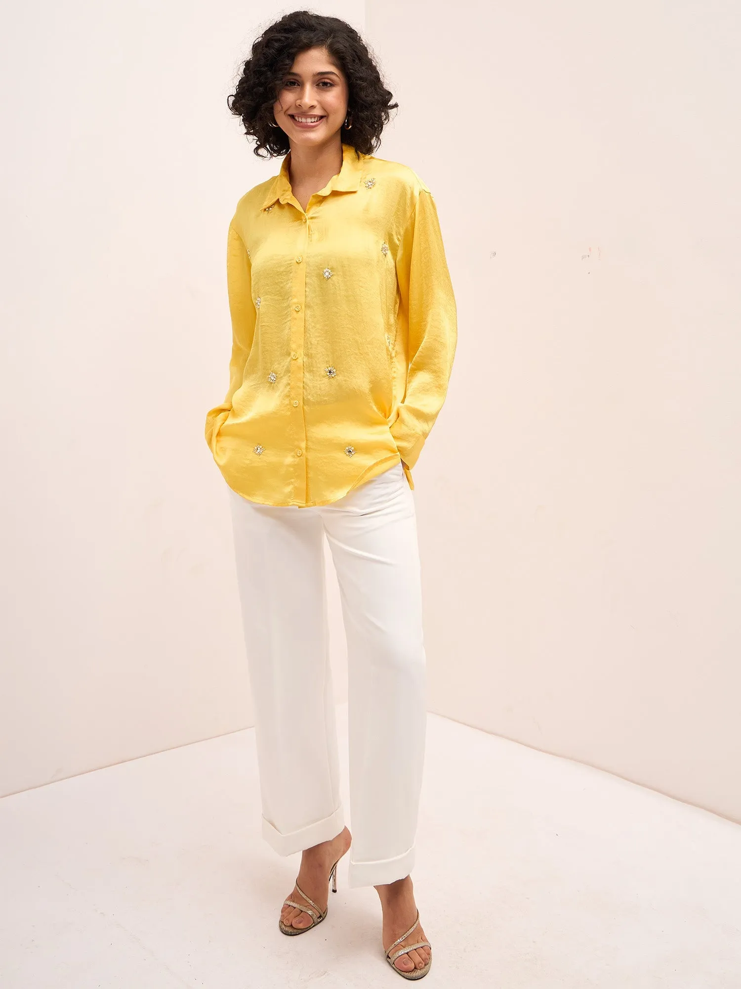 Sunstruck Embellished Button Down Shirt-Yellow sold by Salt Attire product image thumbnail 4