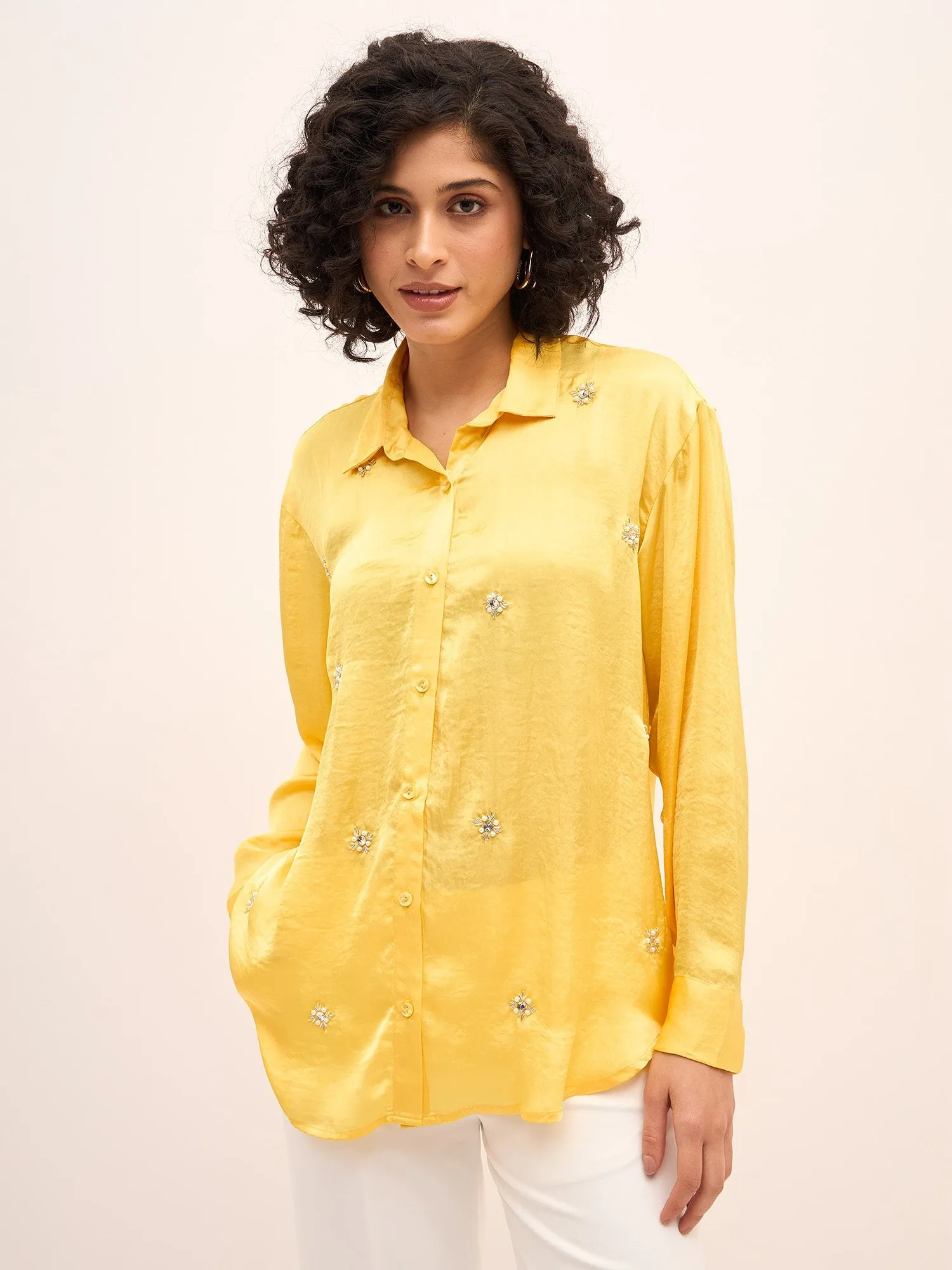 Sunstruck Embellished Button Down Shirt-Yellow sold by Salt Attire