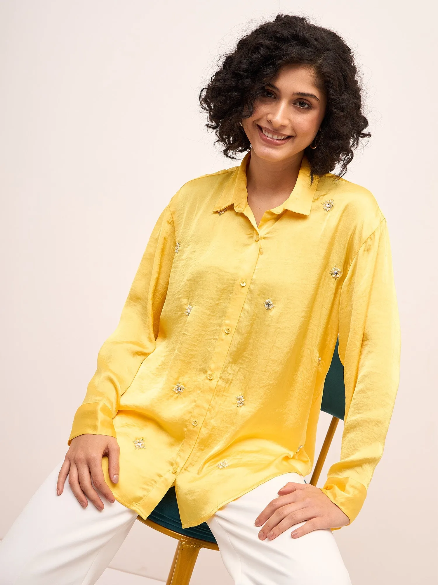 Sunstruck Embellished Button Down Shirt-Yellow sold by Salt Attire product image thumbnail 5