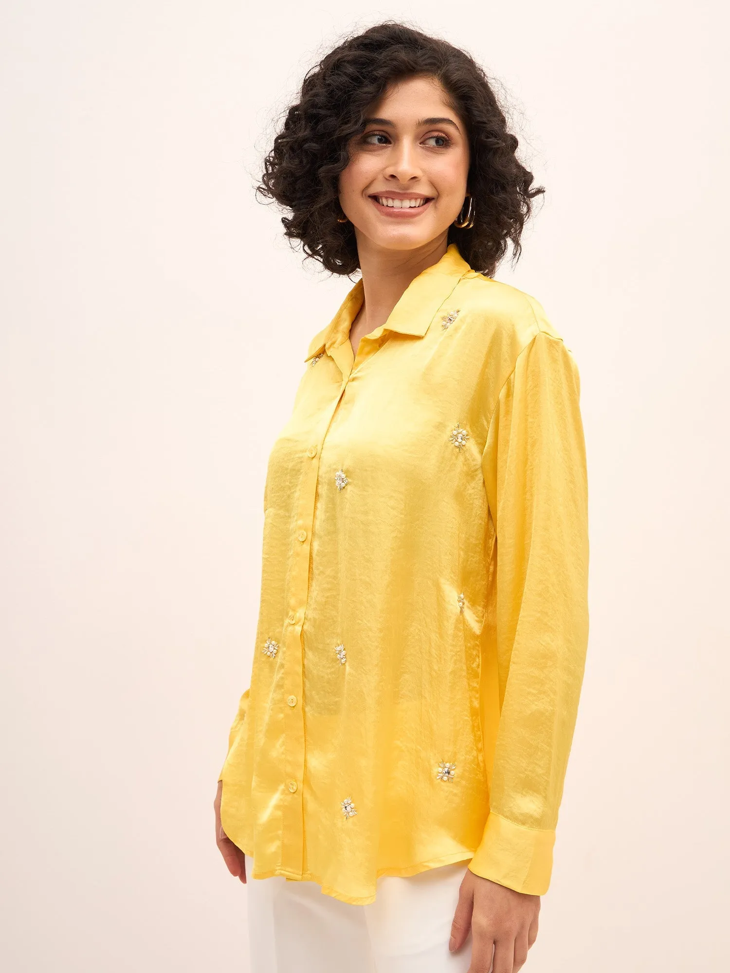 Sunstruck Embellished Button Down Shirt-Yellow sold by Salt Attire product image thumbnail 2