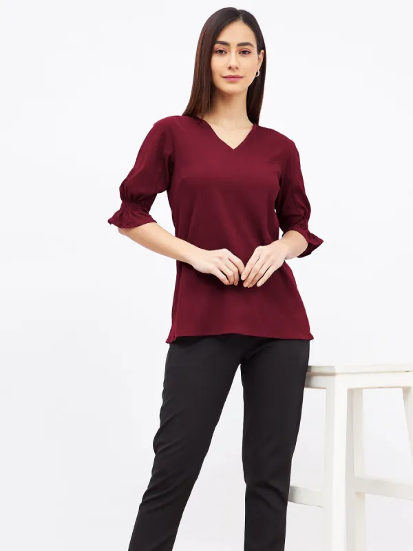 Lychee Smocked Sleeves Top-Maroon sold by Salt Attire
