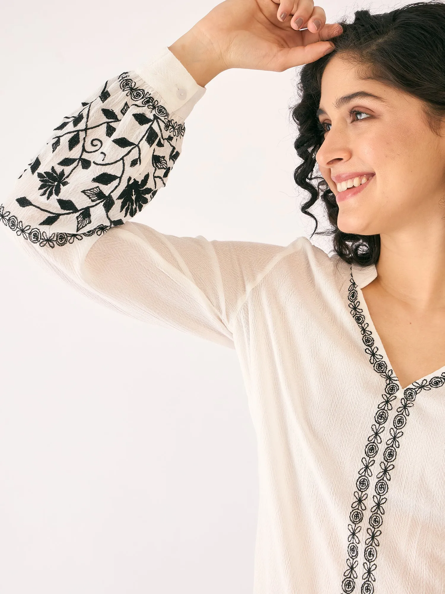 Harbor Embroidered V Neck Top-White/Black sold by Salt Attire