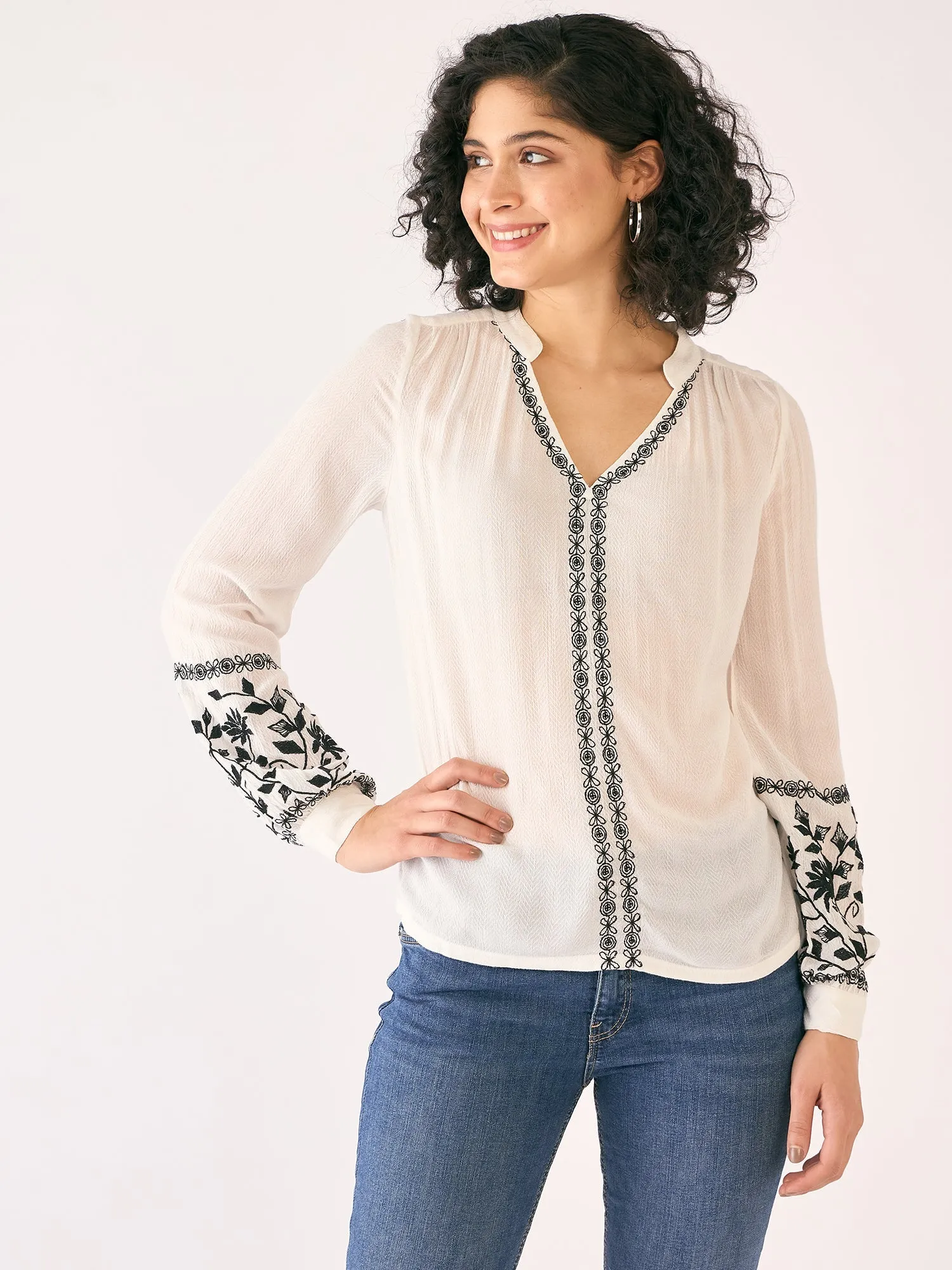 Harbor Embroidered V Neck Top-White/Black sold by Salt Attire product image thumbnail 5