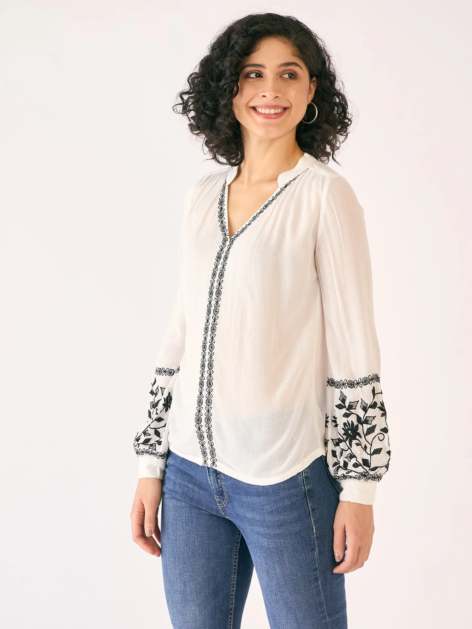 Harbor Embroidered V Neck Top-White/Black sold by Salt Attire product image thumbnail 2