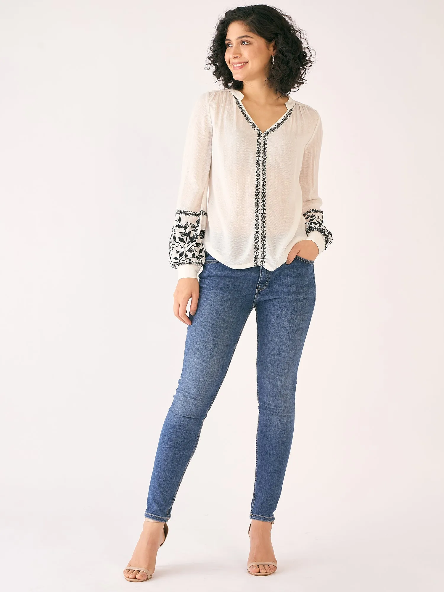 Harbor Embroidered V Neck Top-White/Black sold by Salt Attire product image thumbnail 3