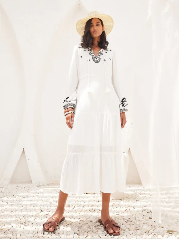 Bloom Bliss Embroidered Tiered Dress-White/Black sold by Salt Attire