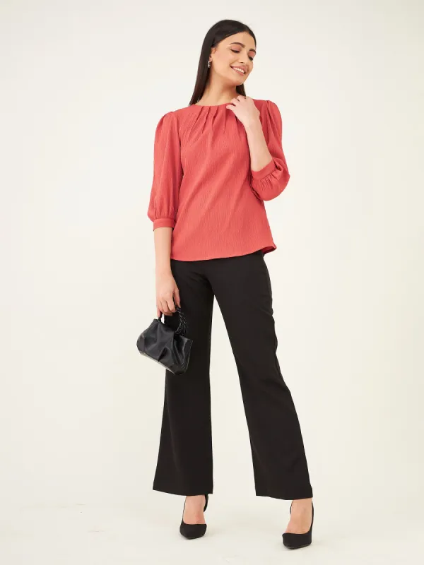 Granada Plisse Pleated Neckline Top-Dark Peach sold by Salt Attire
