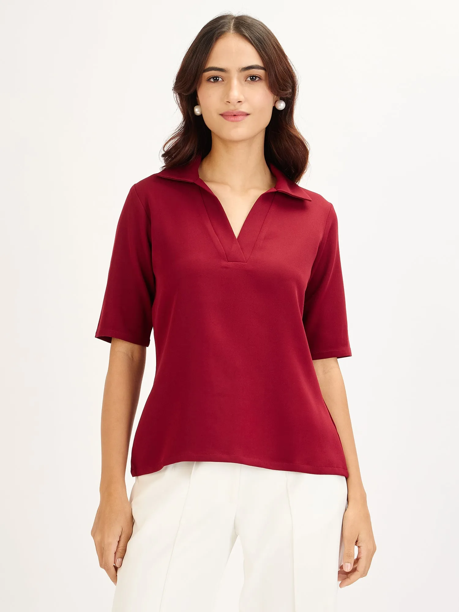 Woody Knit Collared V-neck Top-Maroon sold by Salt Attire product image thumbnail 5