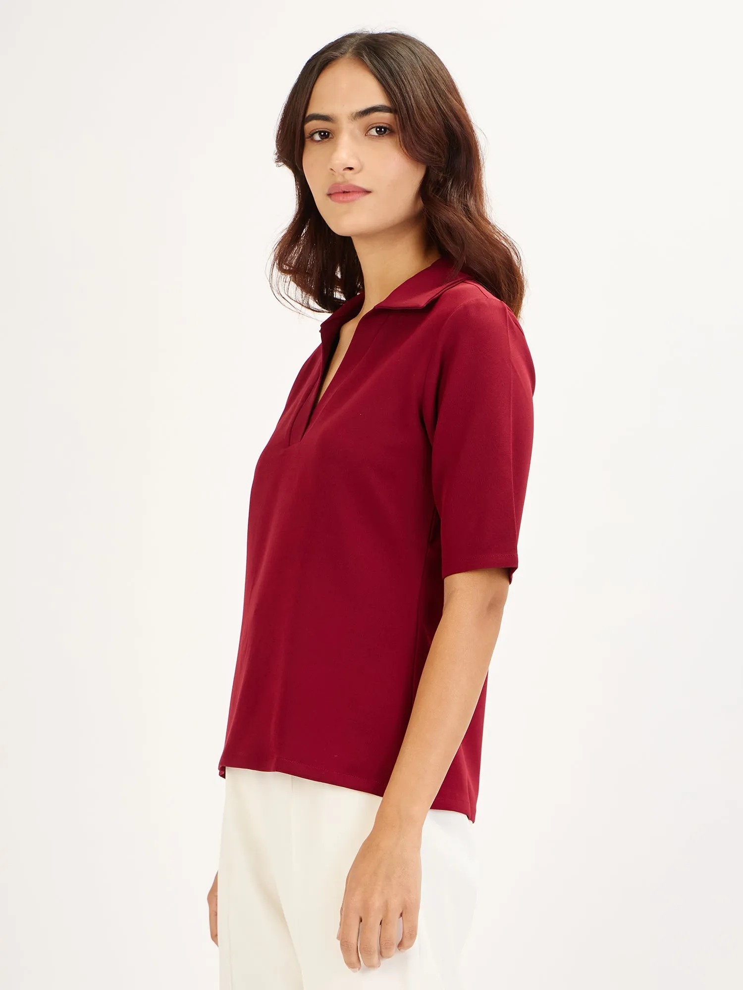 Woody Knit Collared V-neck Top-Maroon sold by Salt Attire product image thumbnail 2