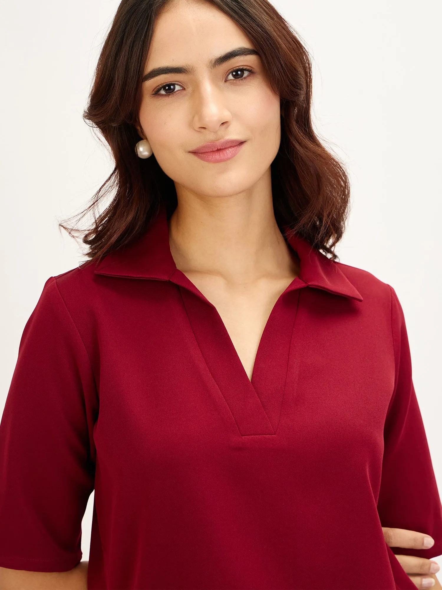 Woody Knit Collared V-neck Top-Maroon sold by Salt Attire product image thumbnail 3