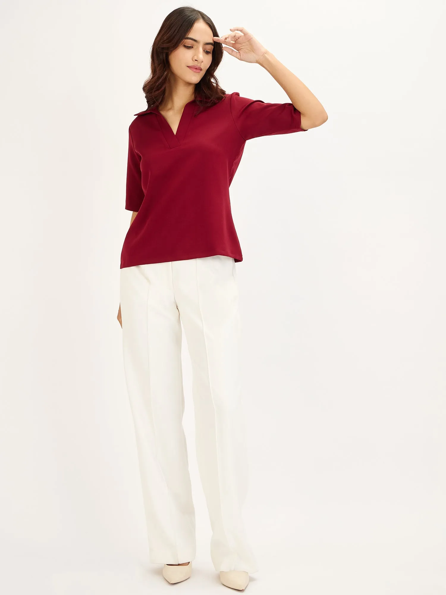 Woody Knit Collared V-neck Top-Maroon sold by Salt Attire product image thumbnail 4