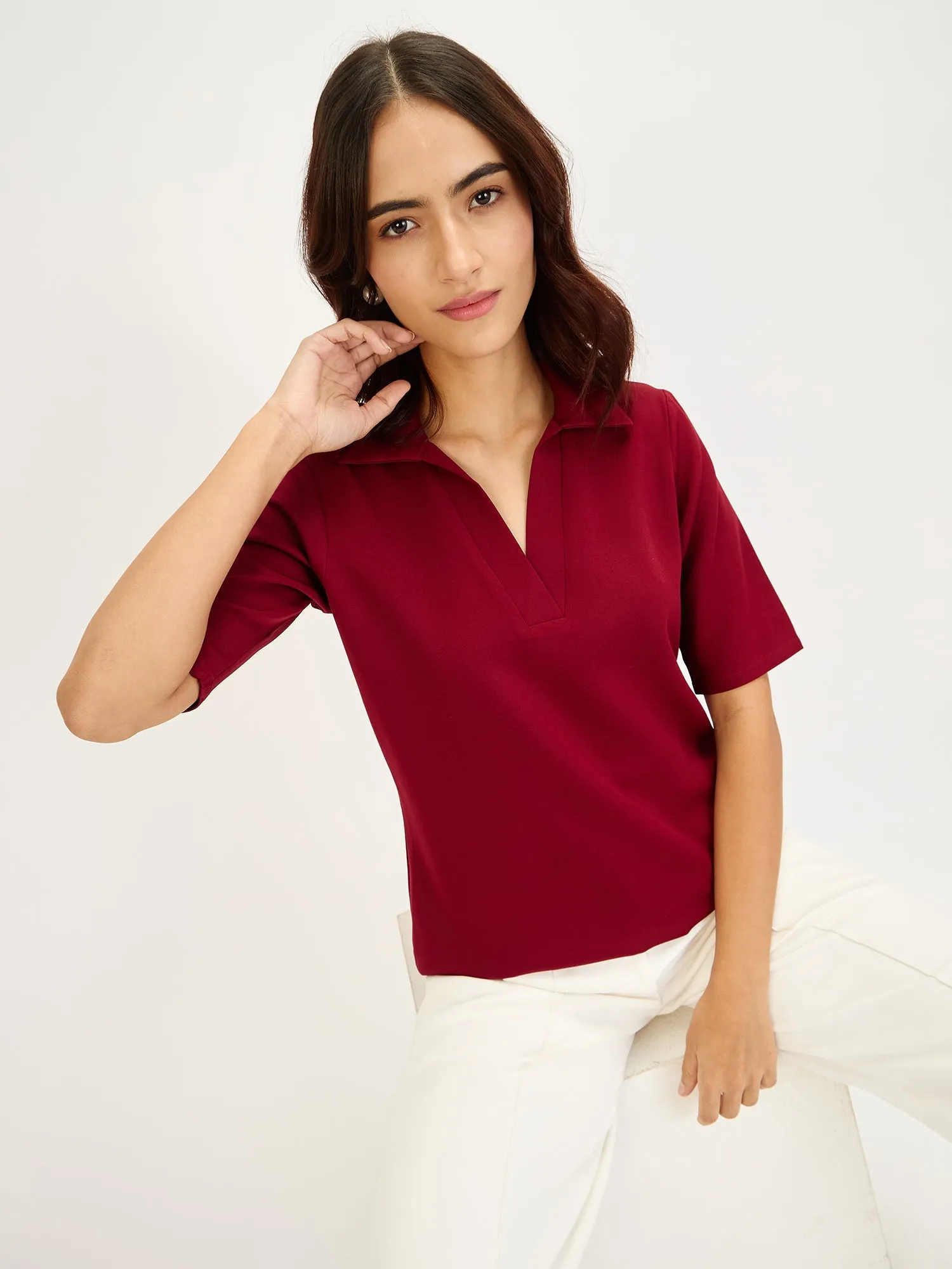 Woody Knit Collared V-neck Top-Maroon sold by Salt Attire
