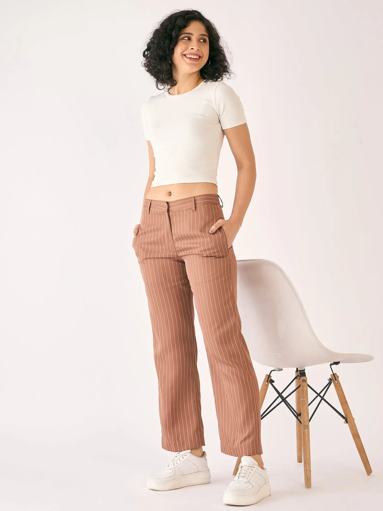 Tirana Striped Mid Rise Straight Trousers-Brown/White sold by Salt Attire