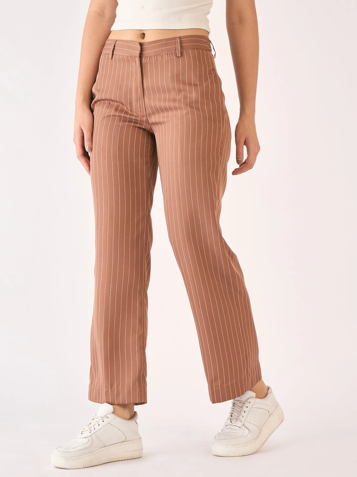 Tirana Striped Mid Rise Straight Trousers-Brown/White sold by Salt Attire product image thumbnail 3
