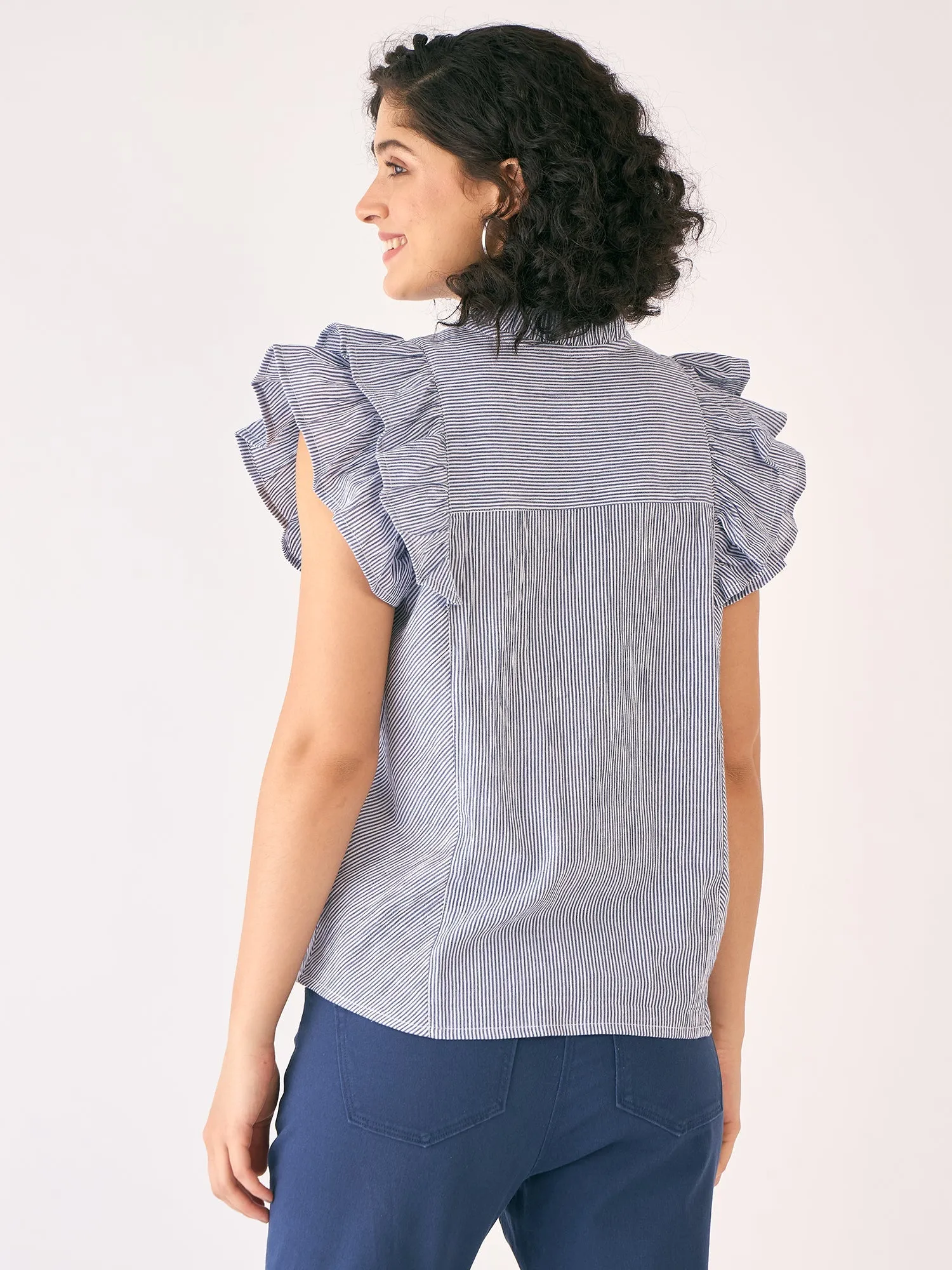 Sailor Striped Ruffled Button Down Top-White/Blue sold by Salt Attire product image thumbnail 3