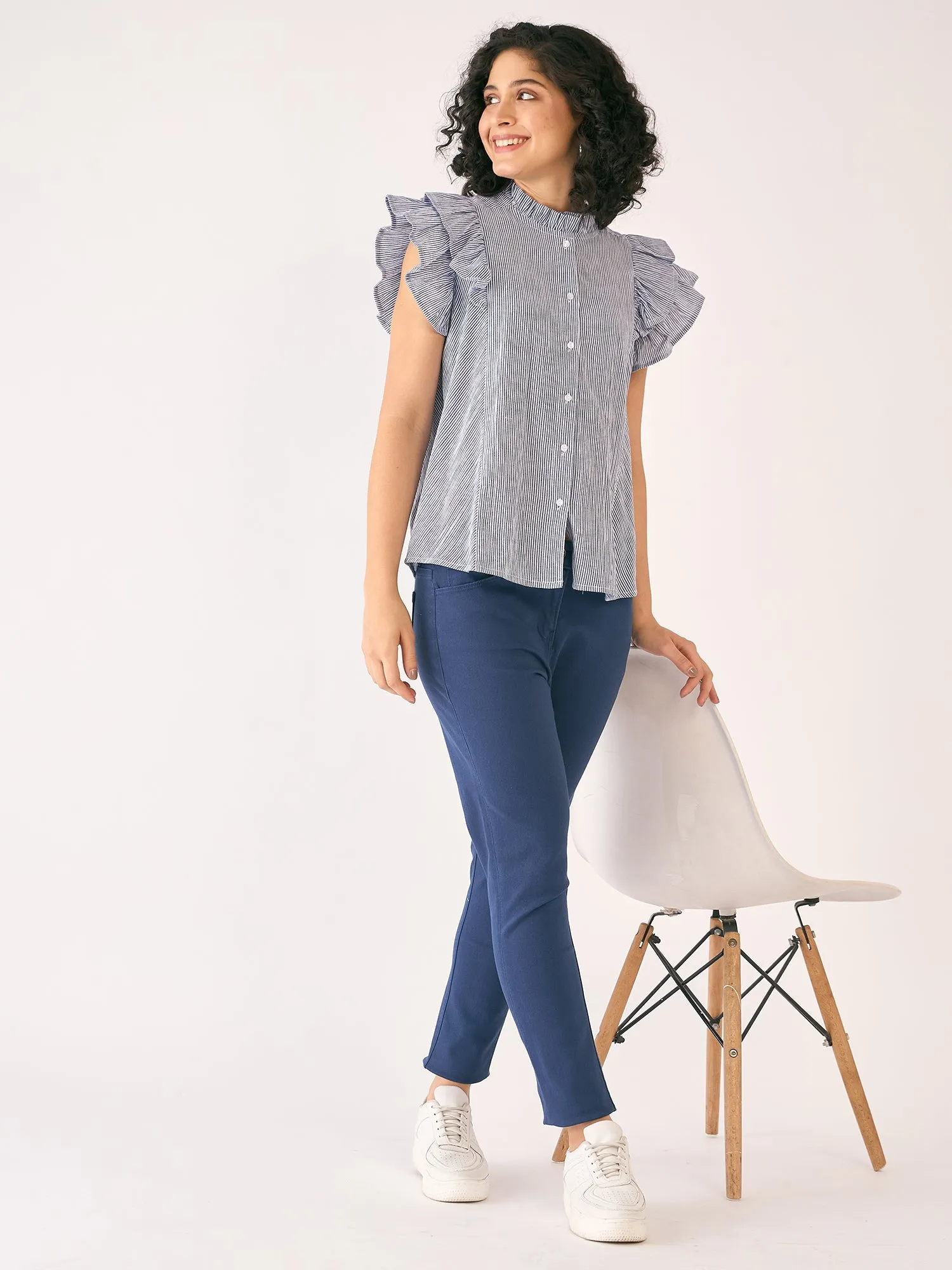 Sailor Striped Ruffled Button Down Top-White/Blue sold by Salt Attire