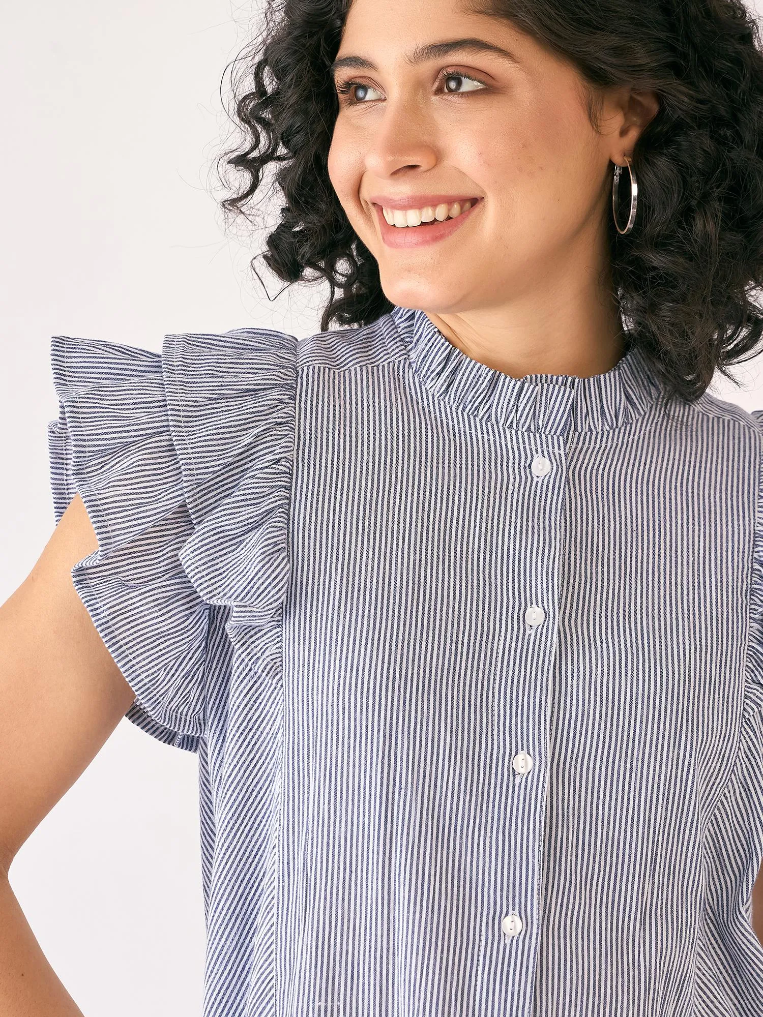 Sailor Striped Ruffled Button Down Top-White/Blue sold by Salt Attire product image thumbnail 4
