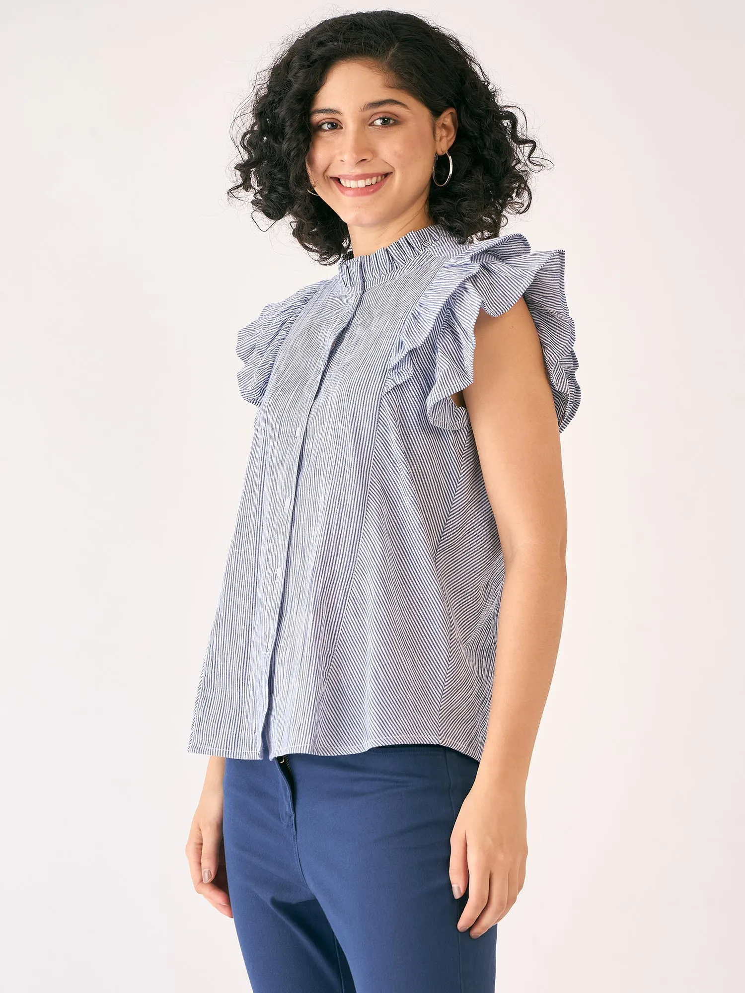 Sailor Striped Ruffled Button Down Top-White/Blue sold by Salt Attire product image thumbnail 5