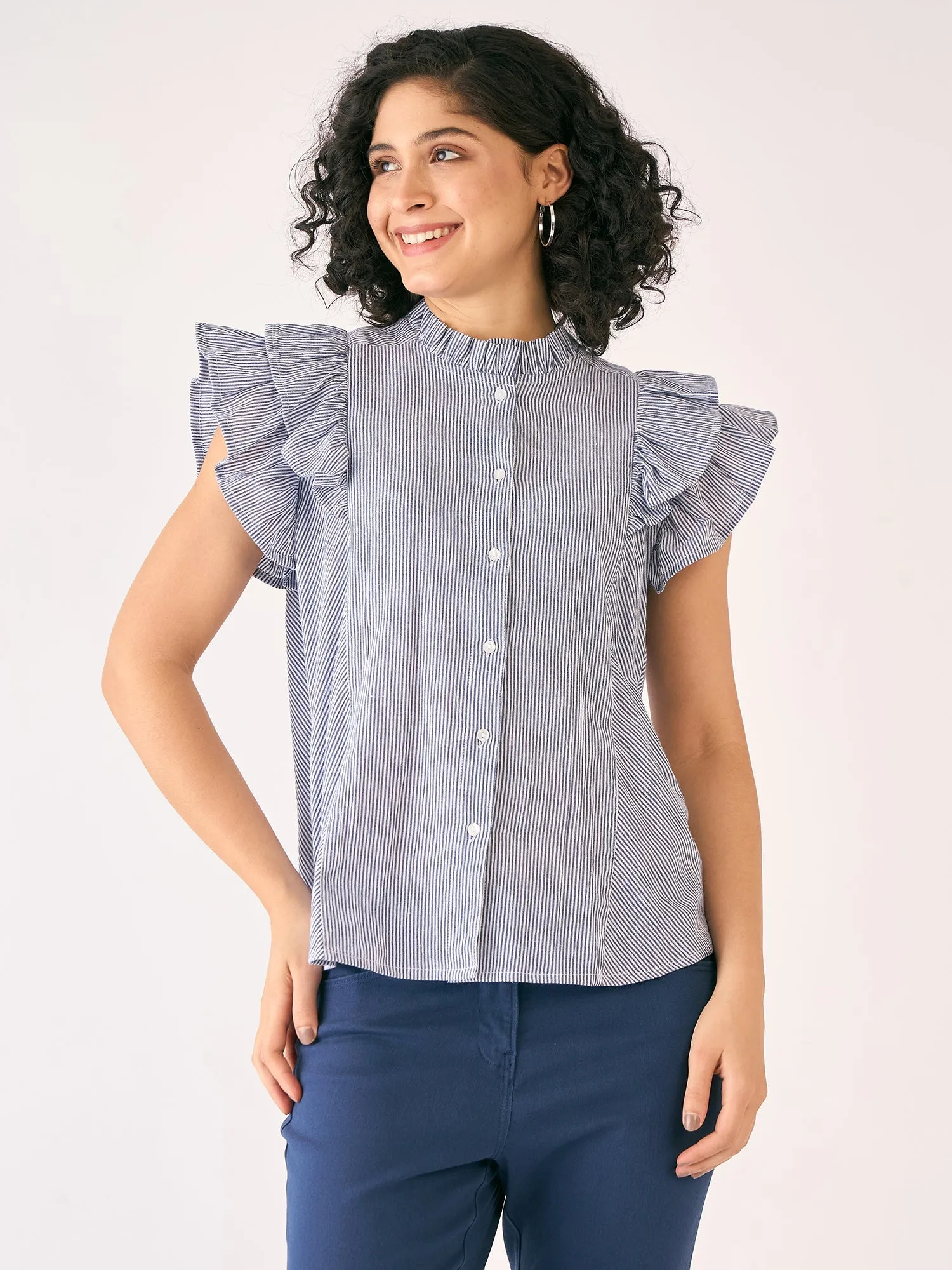 Sailor Striped Ruffled Button Down Top-White/Blue sold by Salt Attire product image thumbnail 2