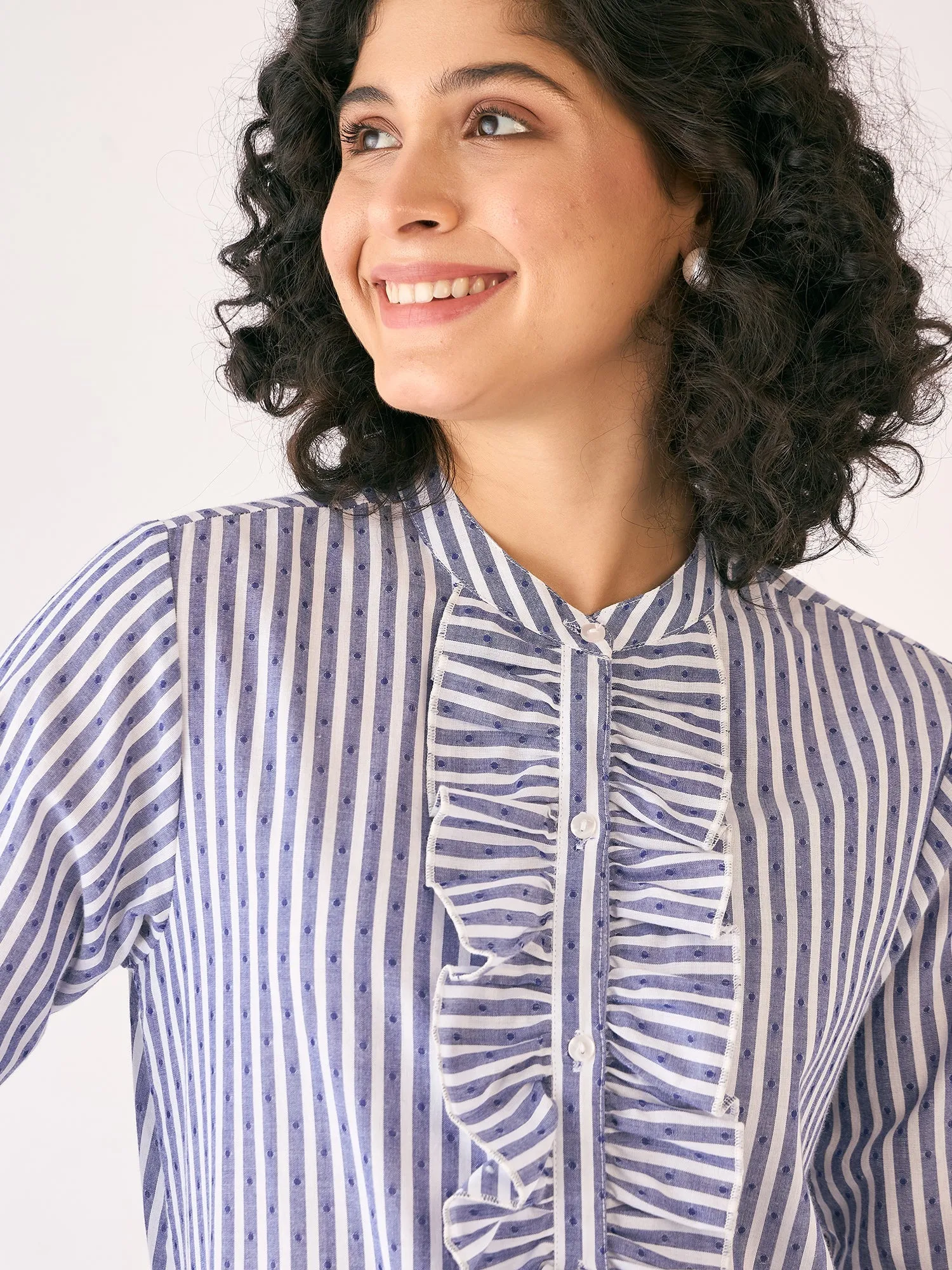 Pacific Ruffled Button Down Shirt-White/Blue sold by Salt Attire product image thumbnail 3