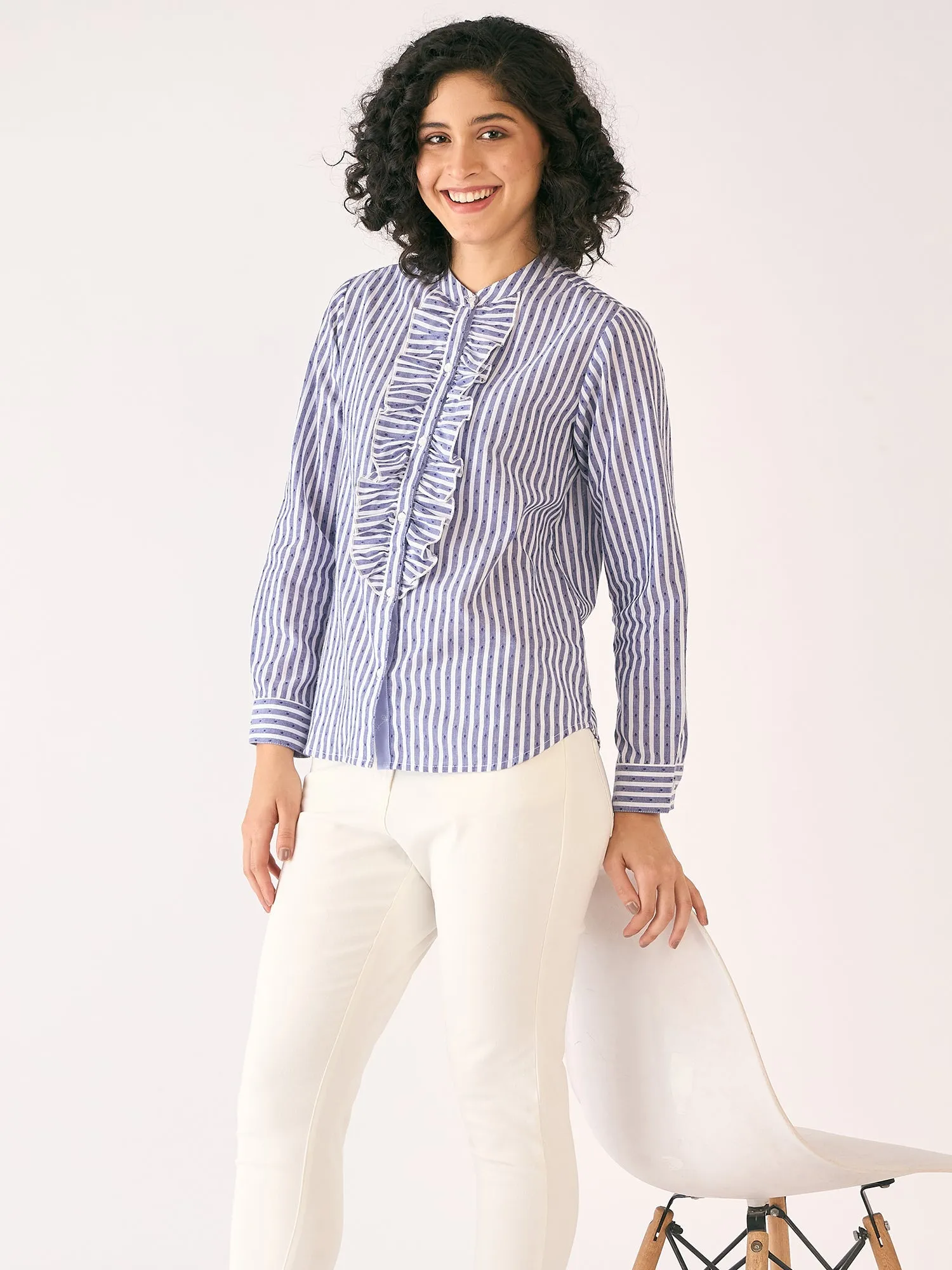 Pacific Ruffled Button Down Shirt-White/Blue sold by Salt Attire product image thumbnail 4