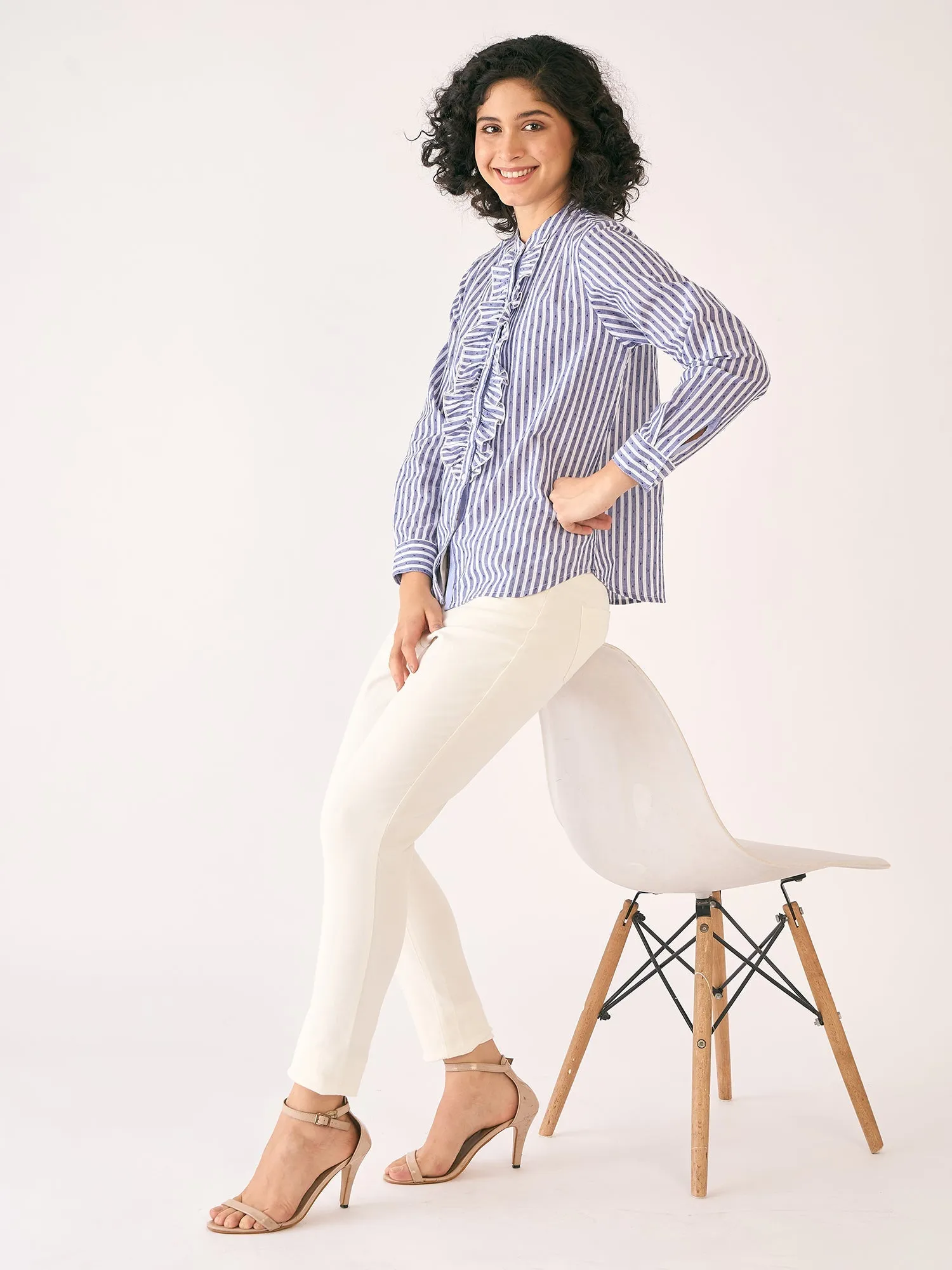 Pacific Ruffled Button Down Shirt-White/Blue sold by Salt Attire