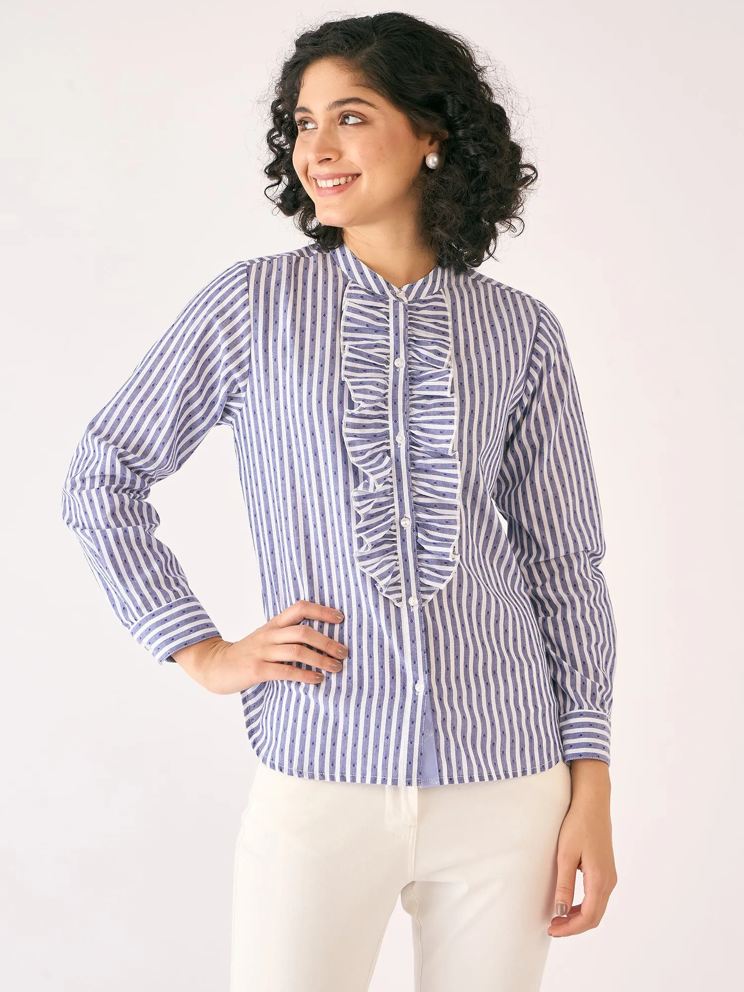 Pacific Ruffled Button Down Shirt-White/Blue sold by Salt Attire product image thumbnail 5
