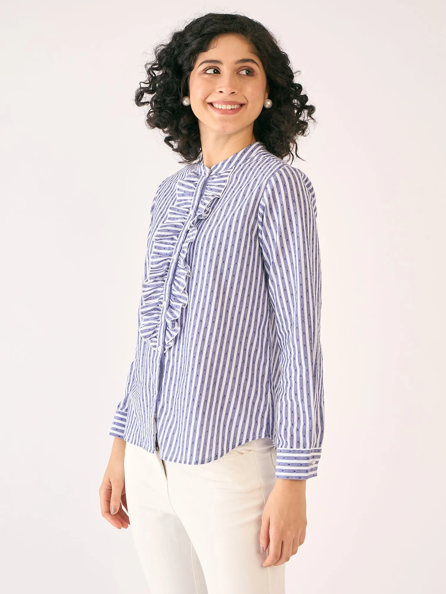 Pacific Ruffled Button Down Shirt-White/Blue sold by Salt Attire product image thumbnail 2
