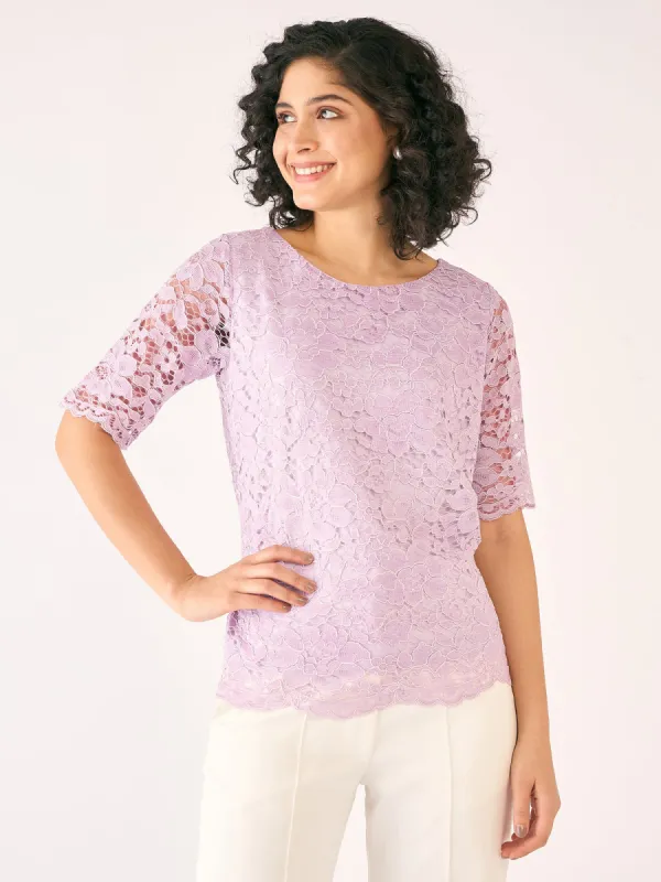 Mirabelle Boat Neck Lace Top-Lilac sold by Salt Attire