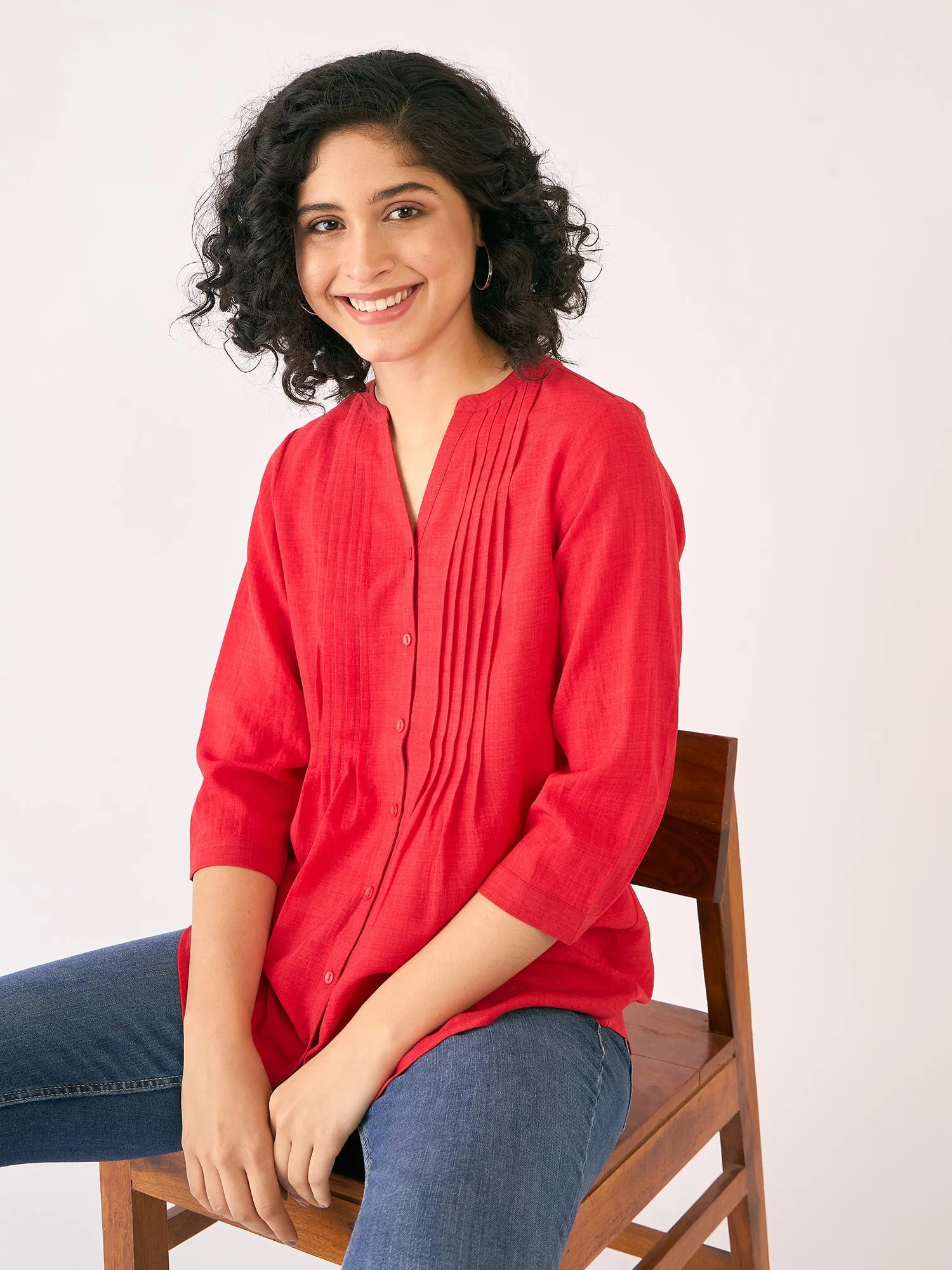 Lush Pintuck Detail Tunic-Red sold by Salt Attire