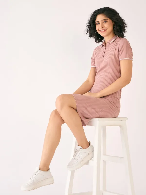 Adley Rib Knit Polo Dress-Peach/White sold by Salt Attire