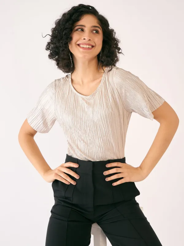 Gilded Plisse Round Neck Top-Golden Peach sold by Salt Attire