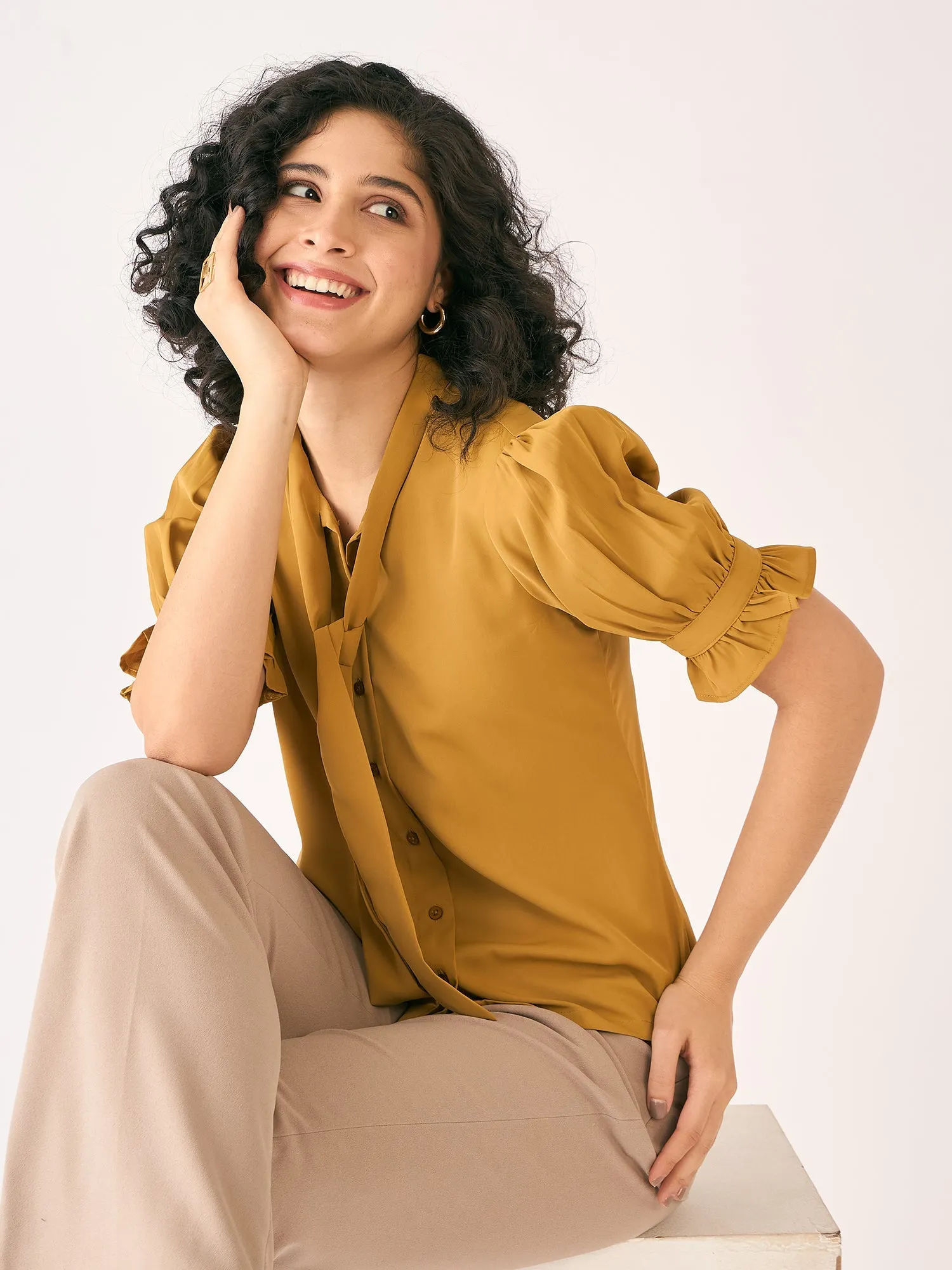 Bellini Tie-Up Neckline Top-Mustard sold by Salt Attire