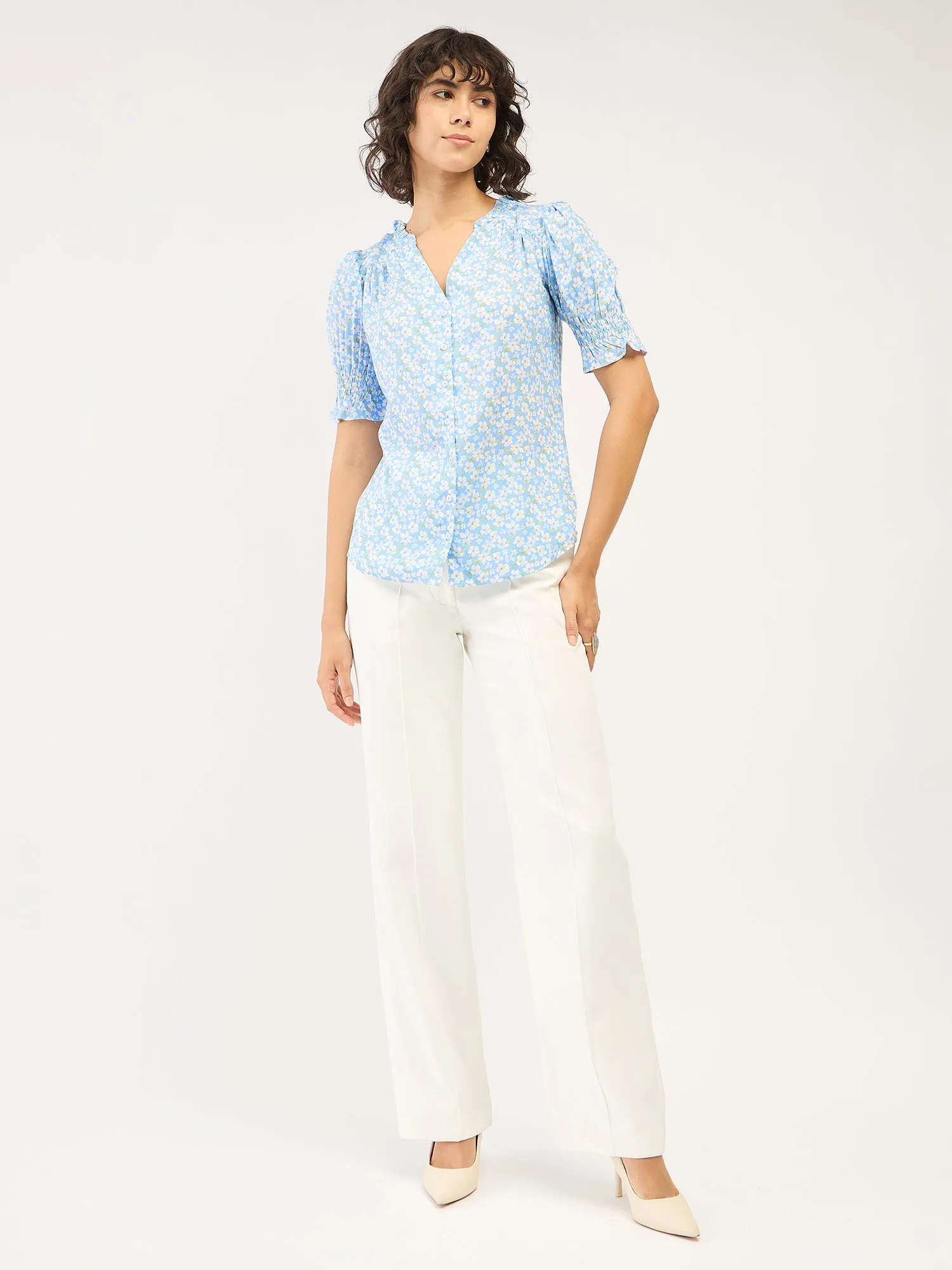 Belladonna Floral Ruffled Neckline Top-Pastel Blue/White sold by Salt Attire product image thumbnail 4