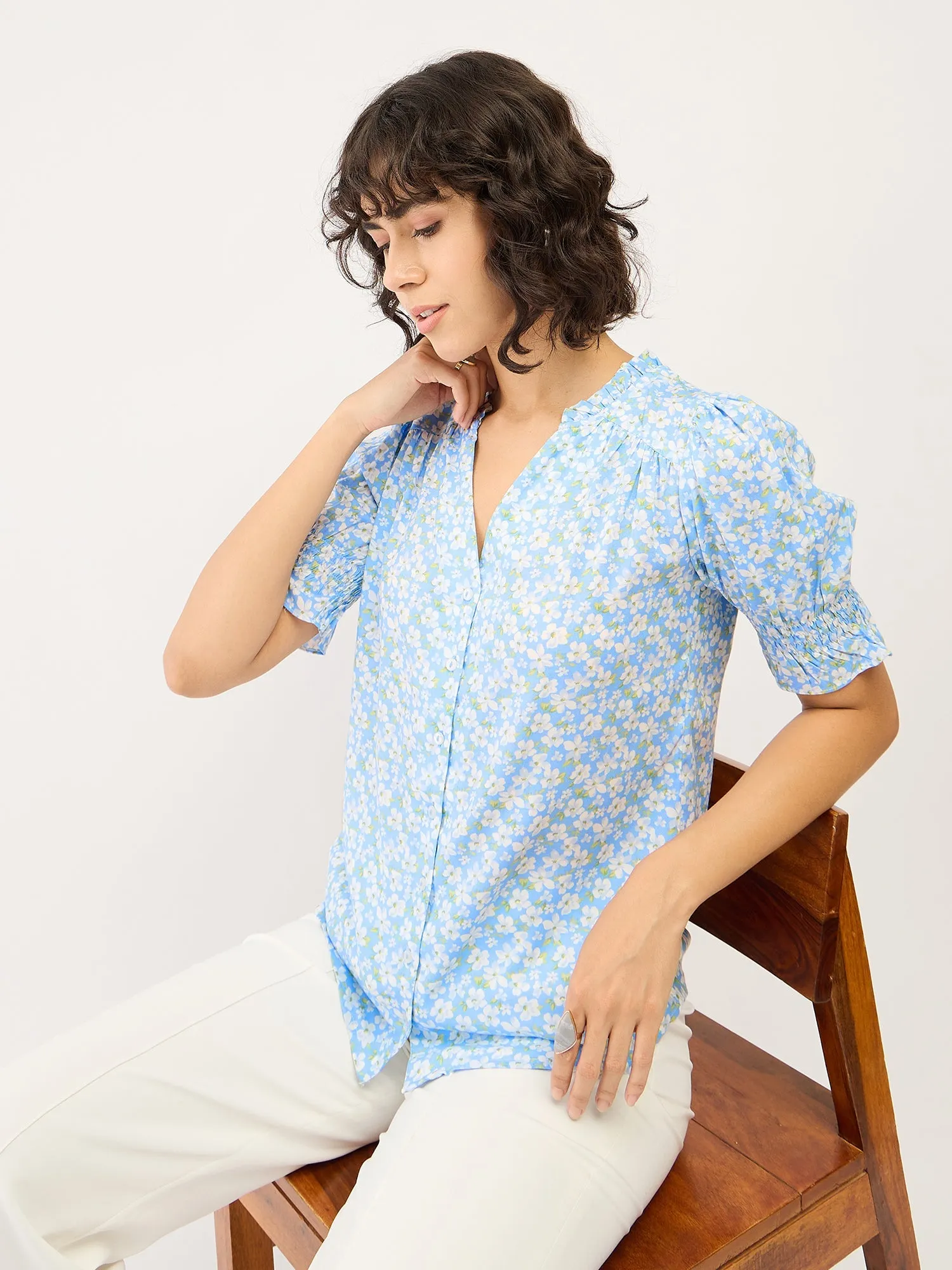 Belladonna Floral Ruffled Neckline Top-Pastel Blue/White sold by Salt Attire