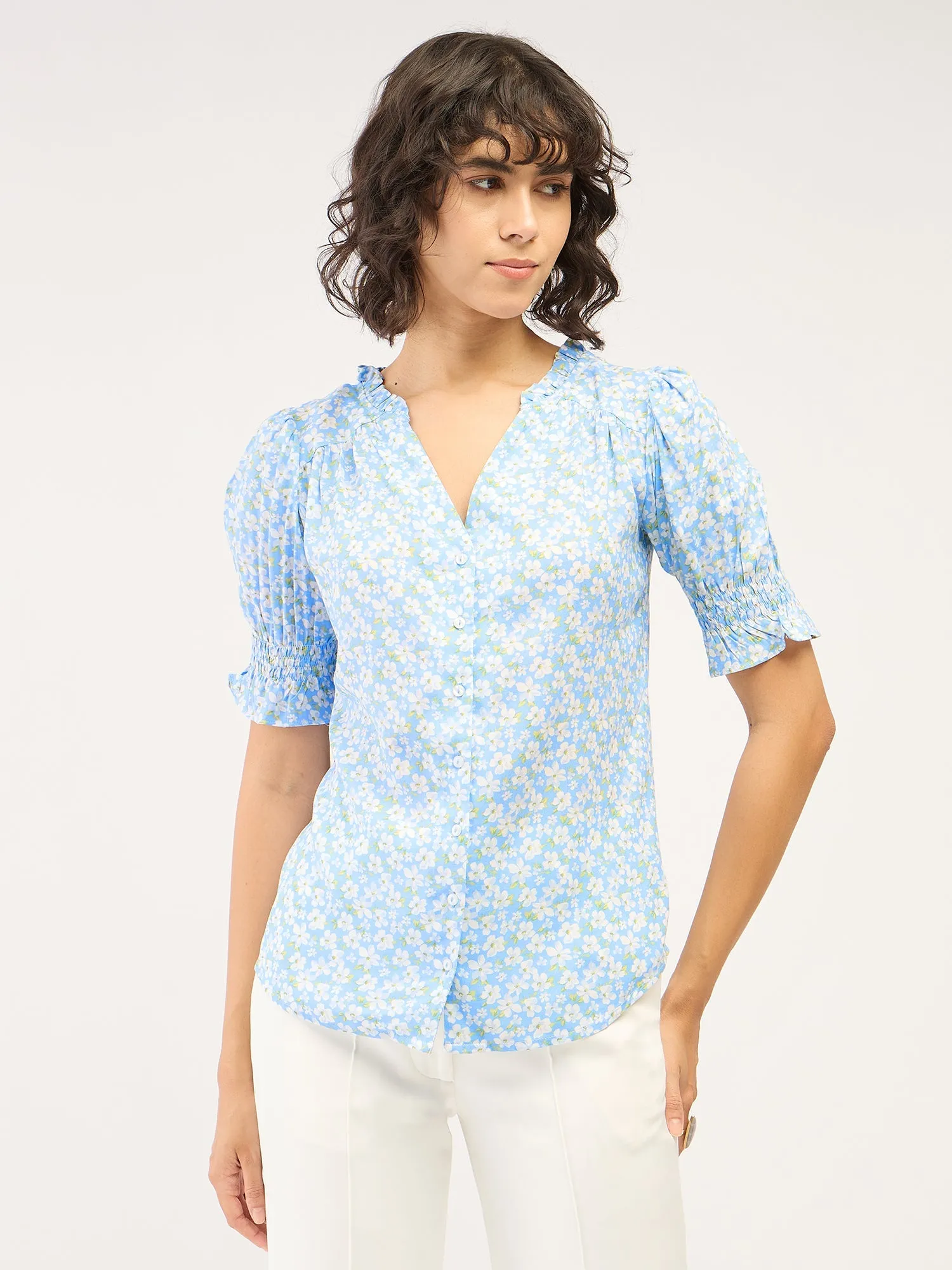 Belladonna Floral Ruffled Neckline Top-Pastel Blue/White sold by Salt Attire product image thumbnail 5