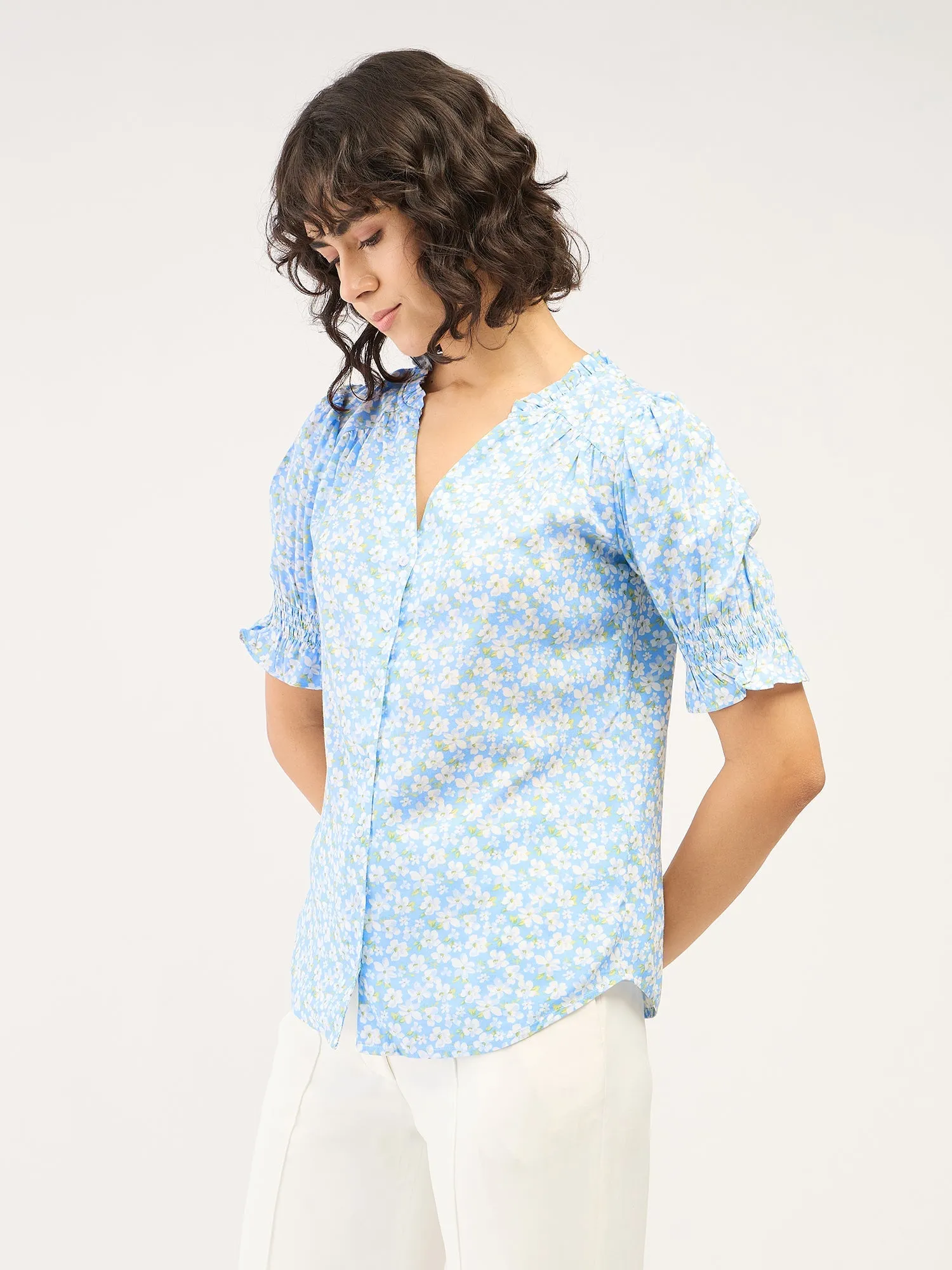Belladonna Floral Ruffled Neckline Top-Pastel Blue/White sold by Salt Attire product image thumbnail 3