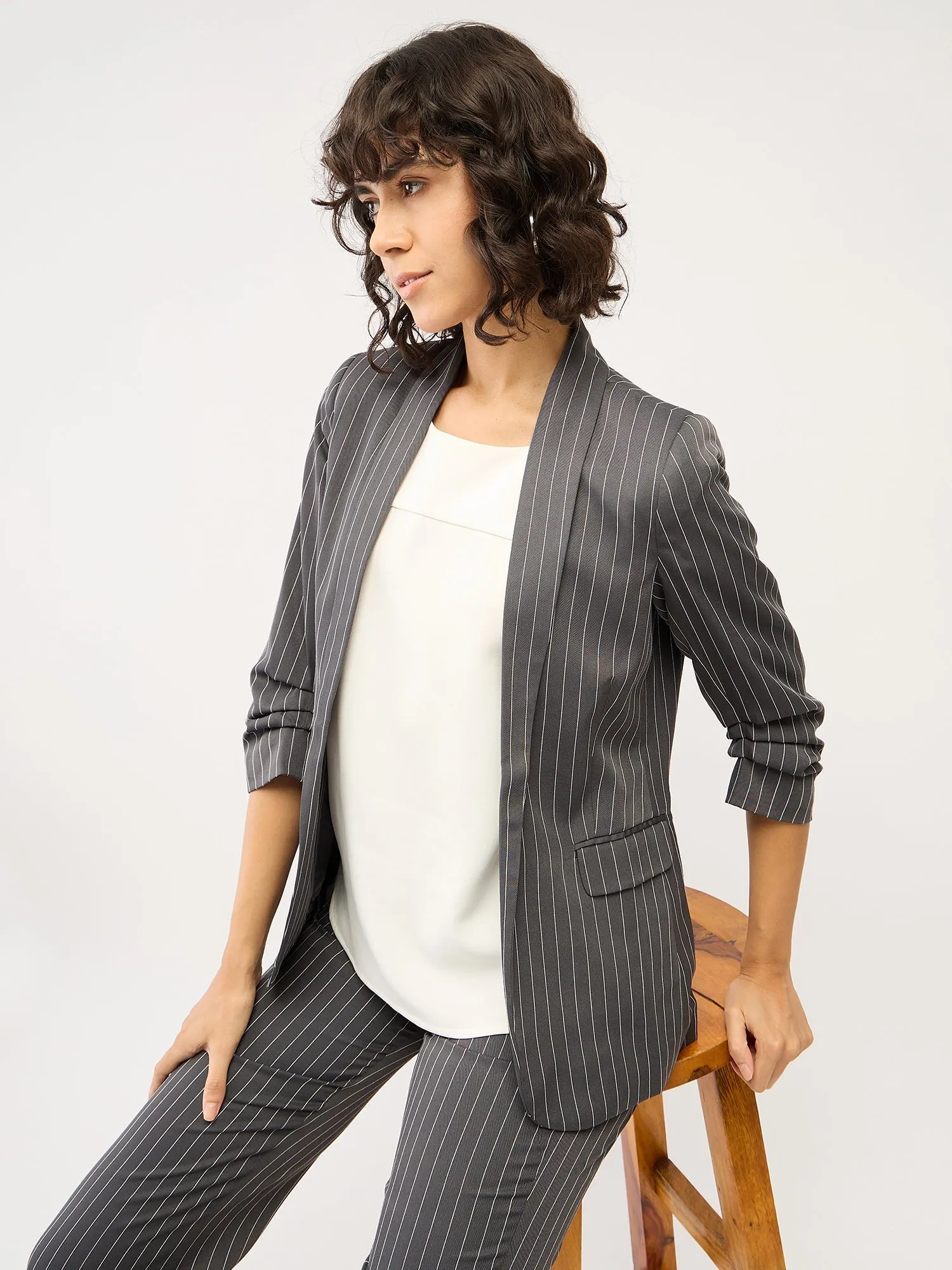 Spunky Striped Ruched Sleeve Blazer-Grey/White sold by Salt Attire