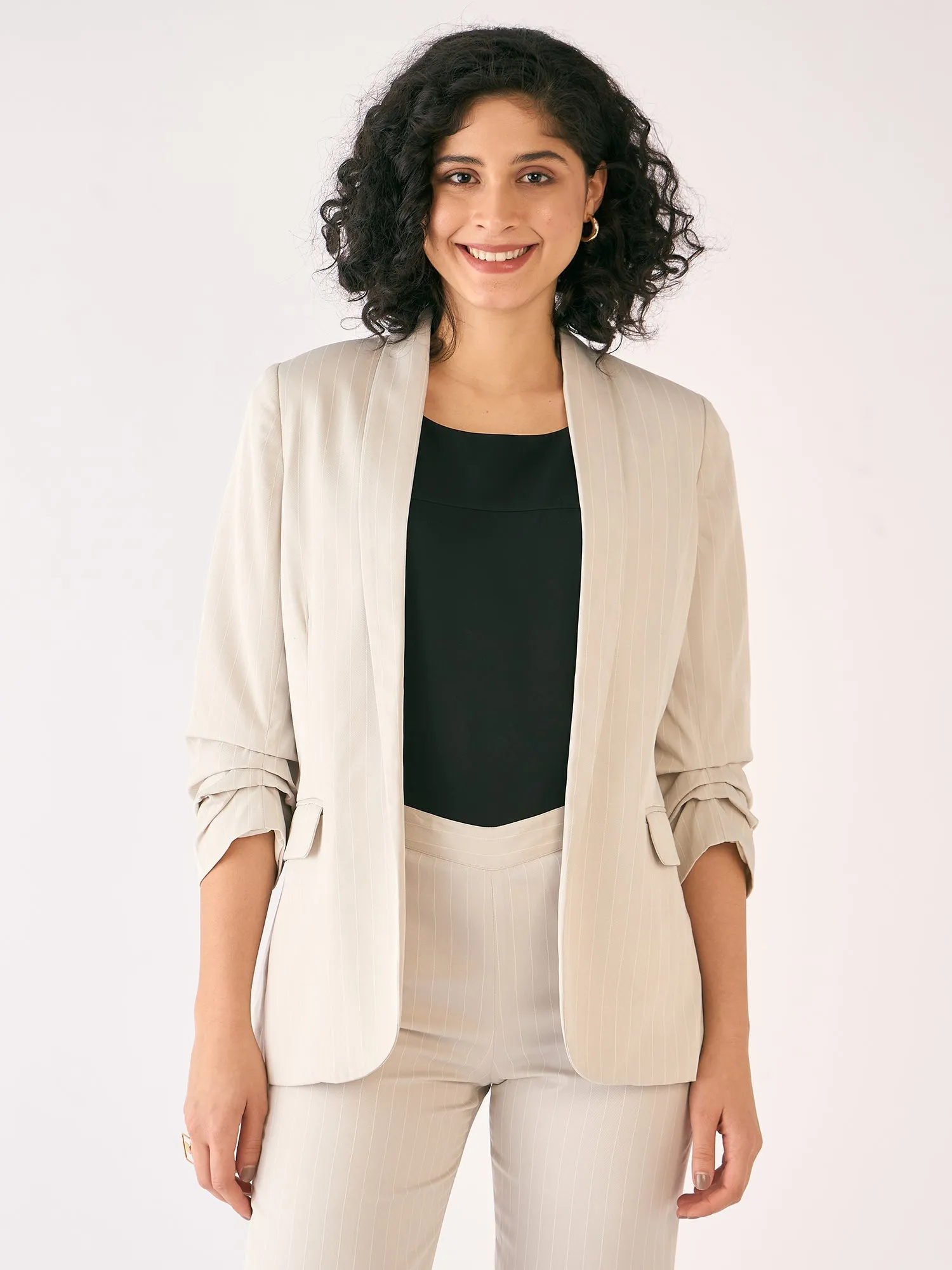 Spunky Striped Ruched Sleeve Blazer - Off White sold by Salt Attire product image thumbnail 3