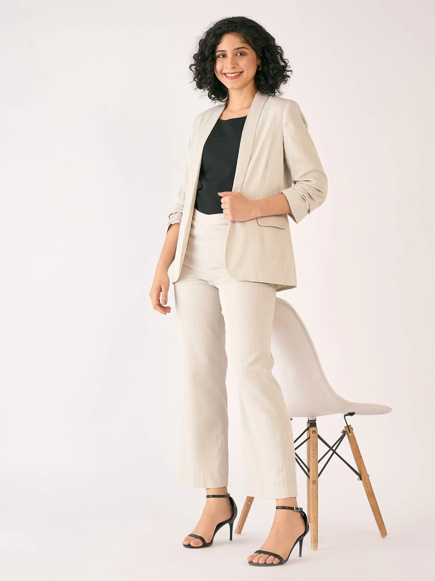 Spunky Striped Ruched Sleeve Blazer - Off White sold by Salt Attire product image thumbnail 4