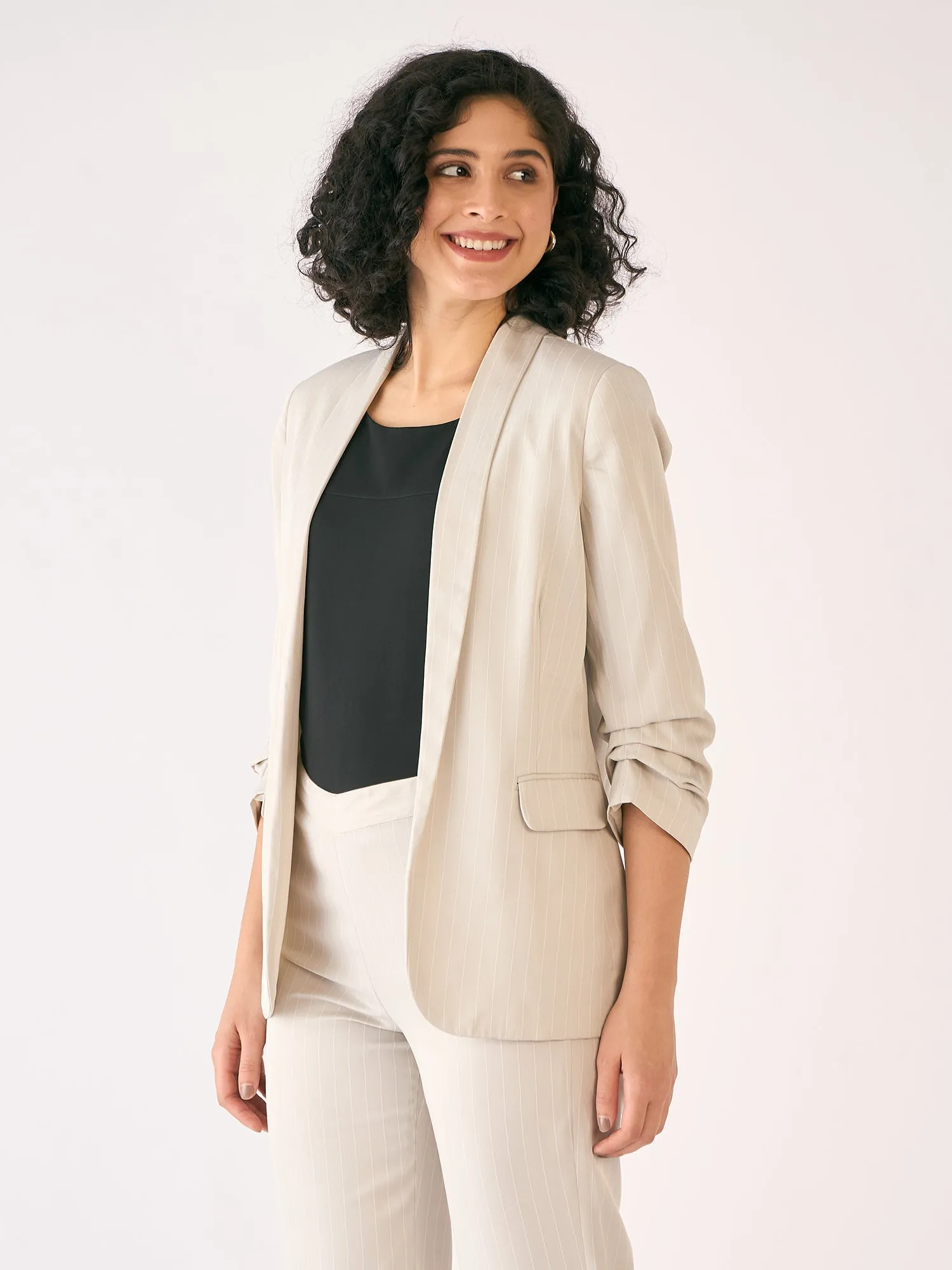 Spunky Striped Ruched Sleeve Blazer - Off White sold by Salt Attire product image thumbnail 5