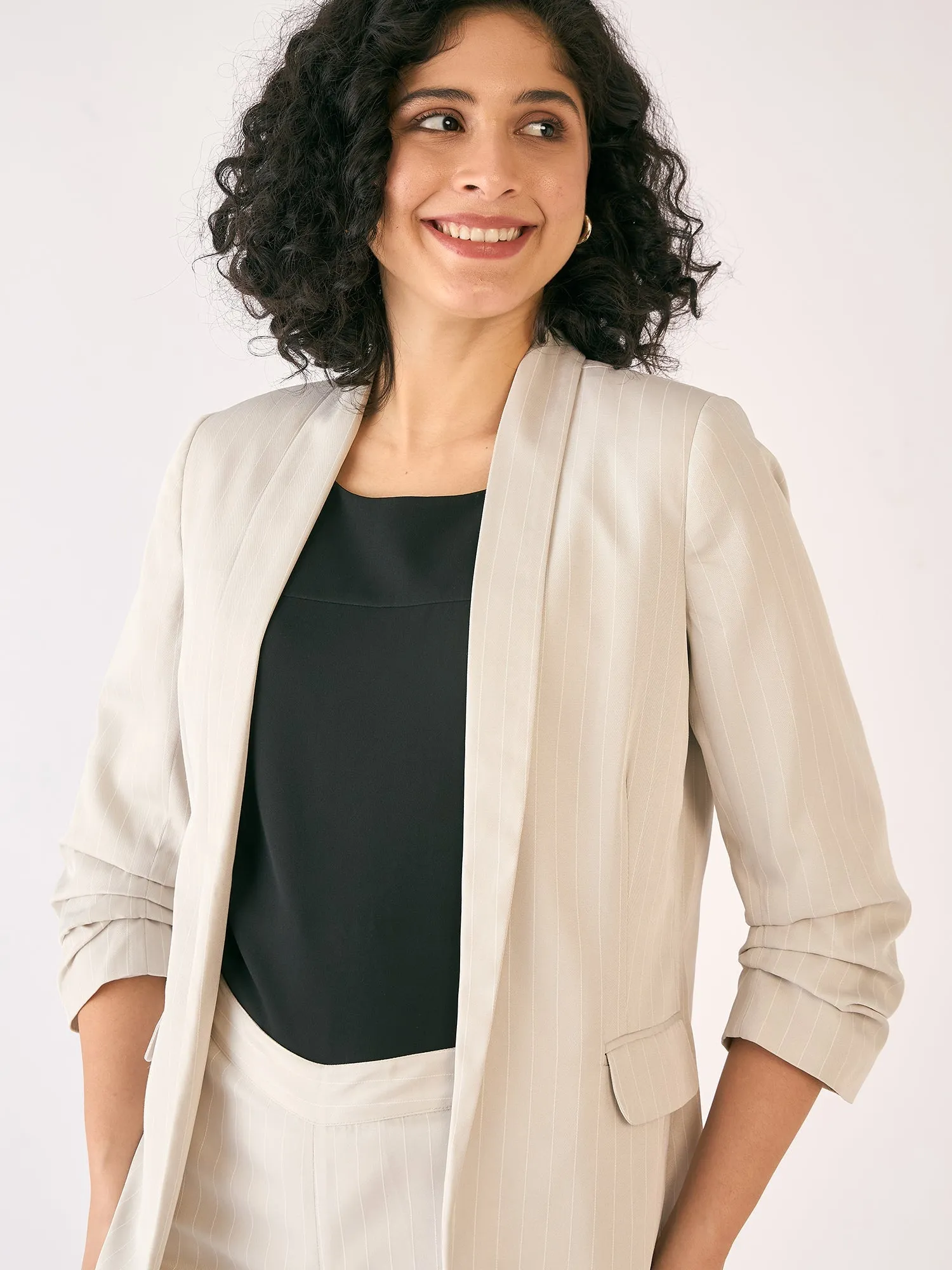 Spunky Striped Ruched Sleeve Blazer - Off White sold by Salt Attire product image thumbnail 2