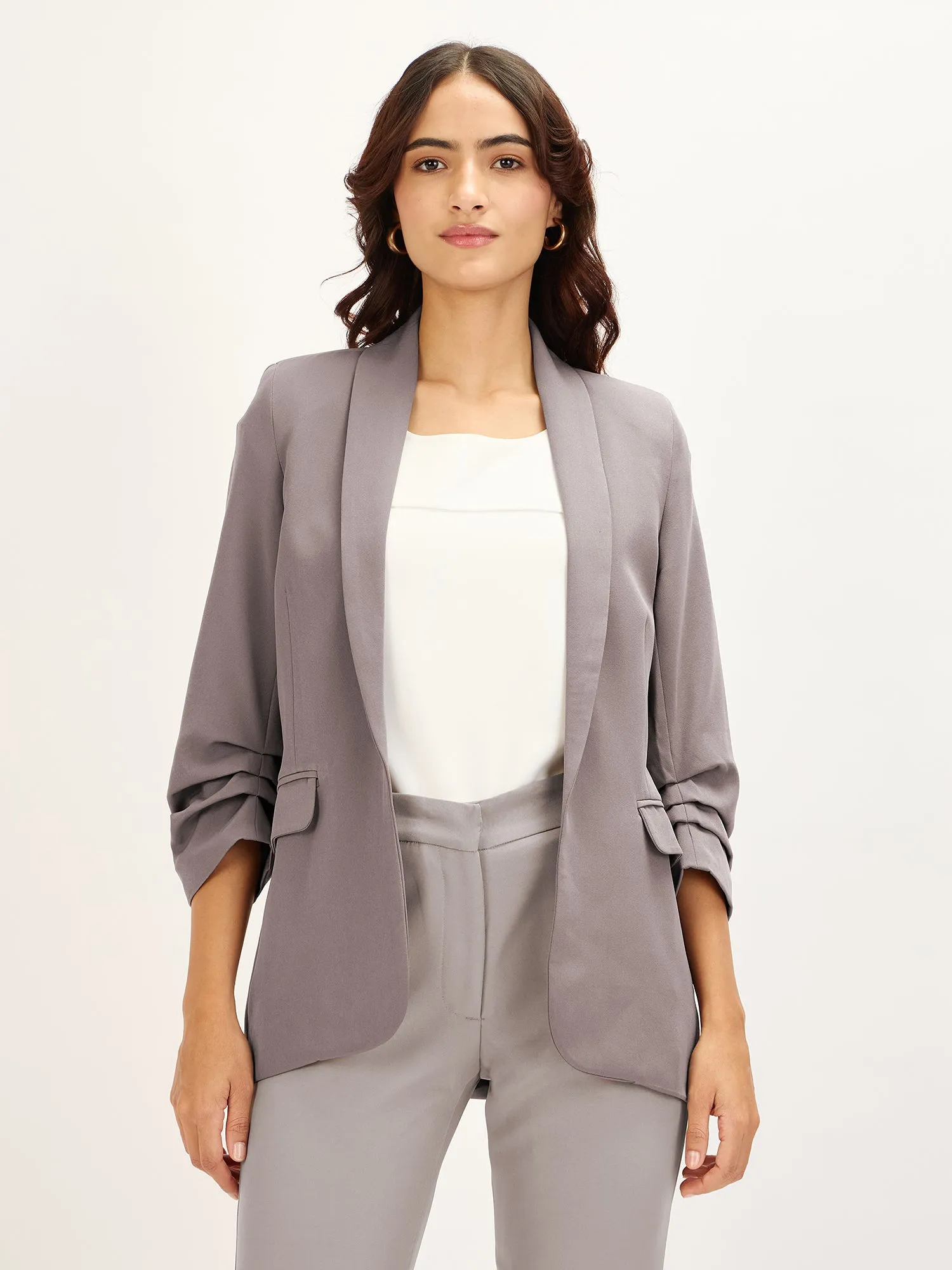 Spunky-Umber Grey Ruched Sleeve Blazer - Umber Grey sold by Salt Attire