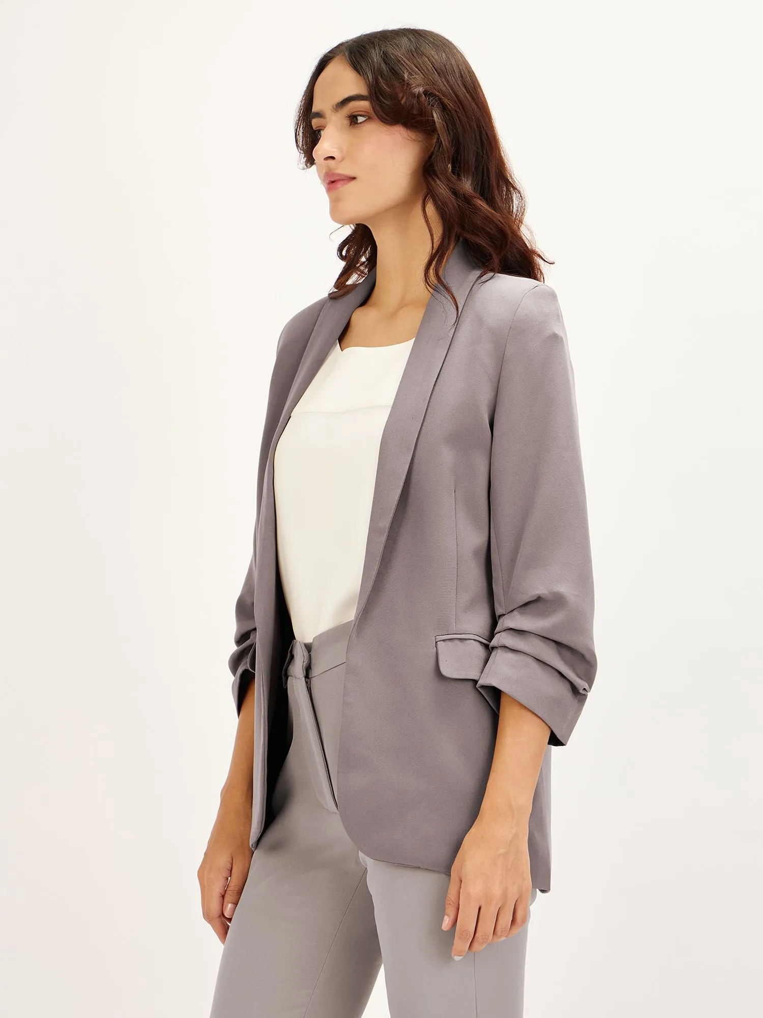 Spunky-Umber Grey Ruched Sleeve Blazer - Umber Grey sold by Salt Attire product image thumbnail 2